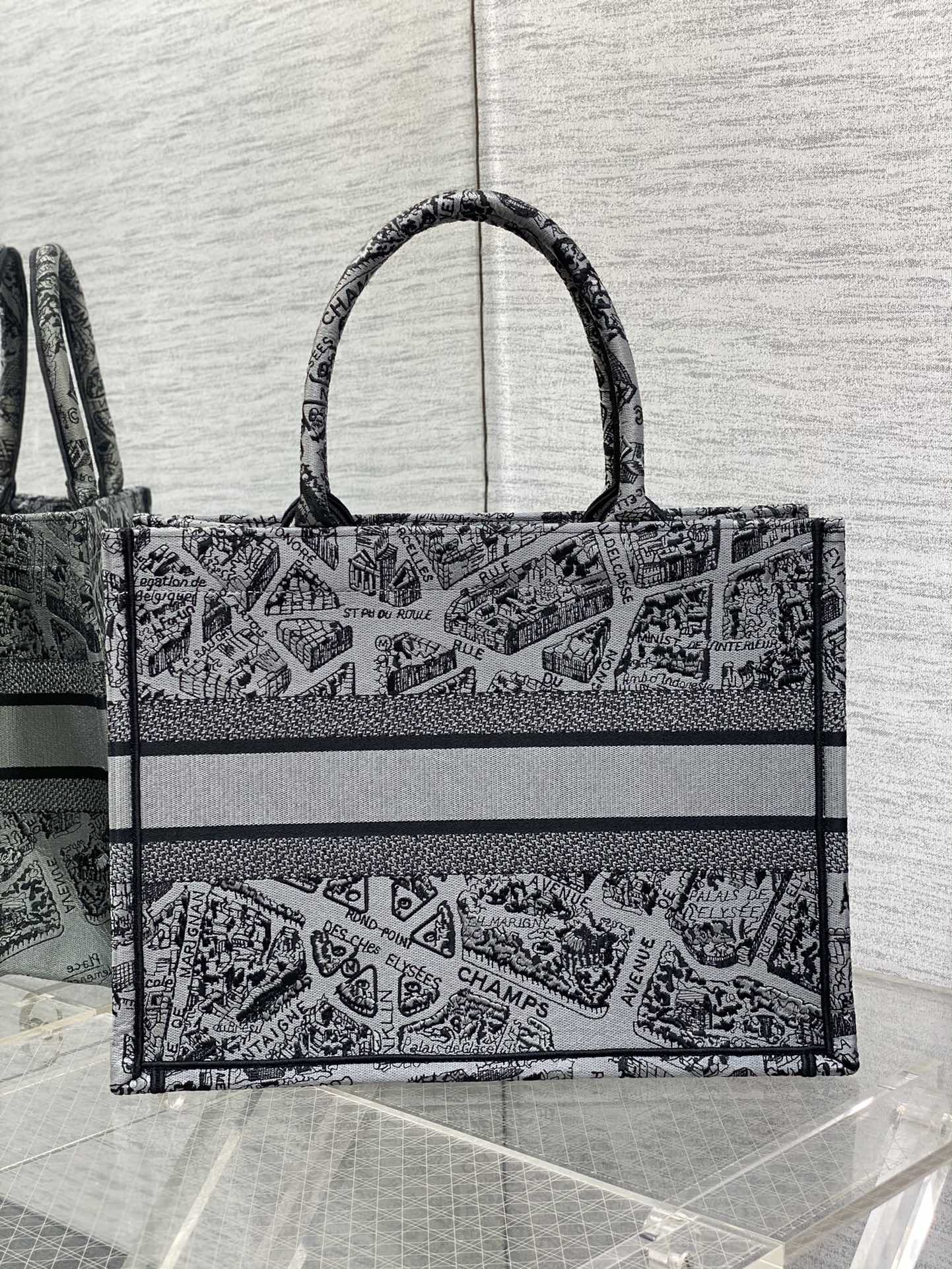 Bagsaaa D10r Book Tote Medium Grey Plan de Paris Embroidery - 36 x 27.5 x 16.5 cm