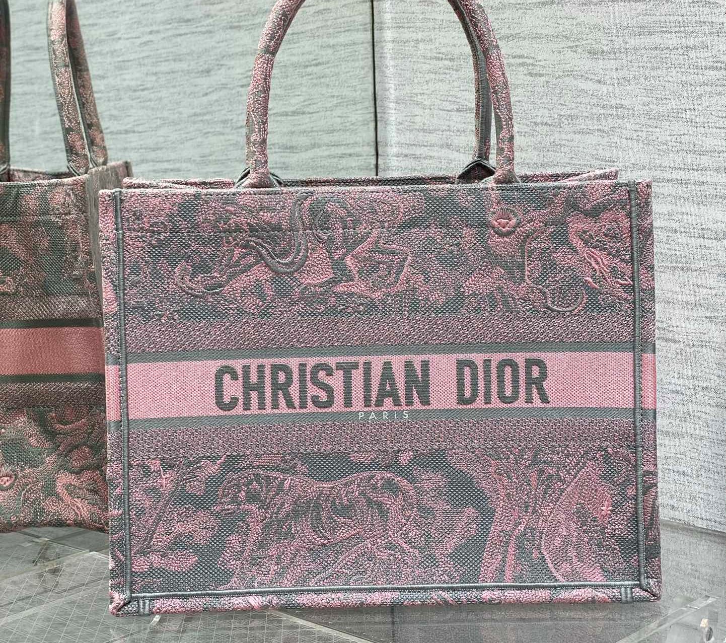 Bagsaaa D10r Book Tote Medium Gray and Pink Toile de Jouy Reverse Beverly Hills Embroidery - 36 x 27.5 x 16.5 cm