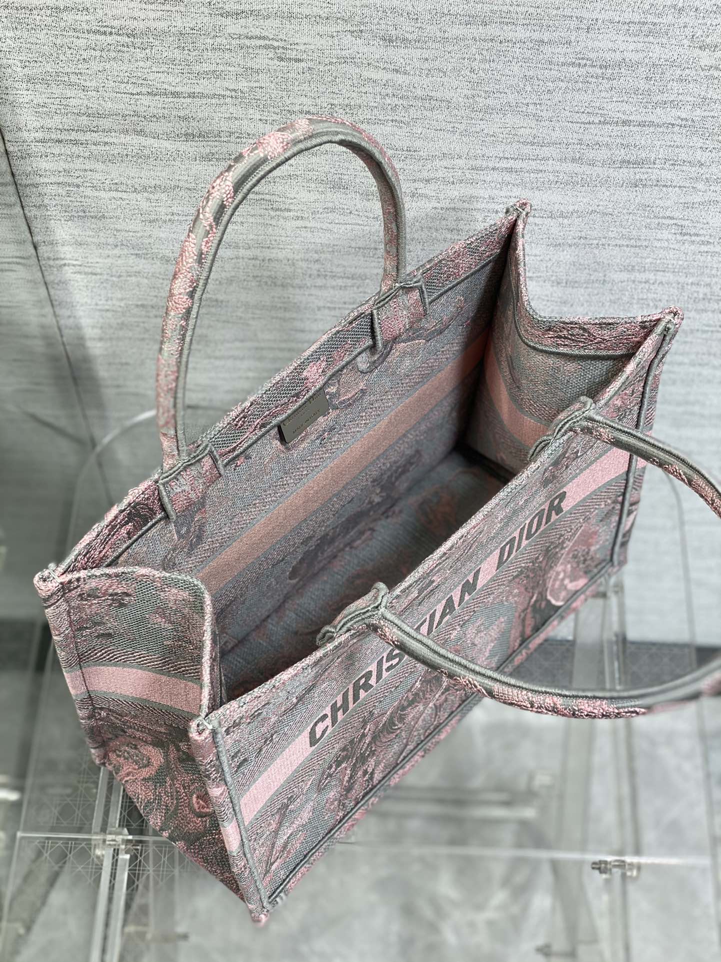 Bagsaaa D10r Book Tote Medium Gray and Pink Toile de Jouy Reverse Beverly Hills Embroidery - 36 x 27.5 x 16.5 cm