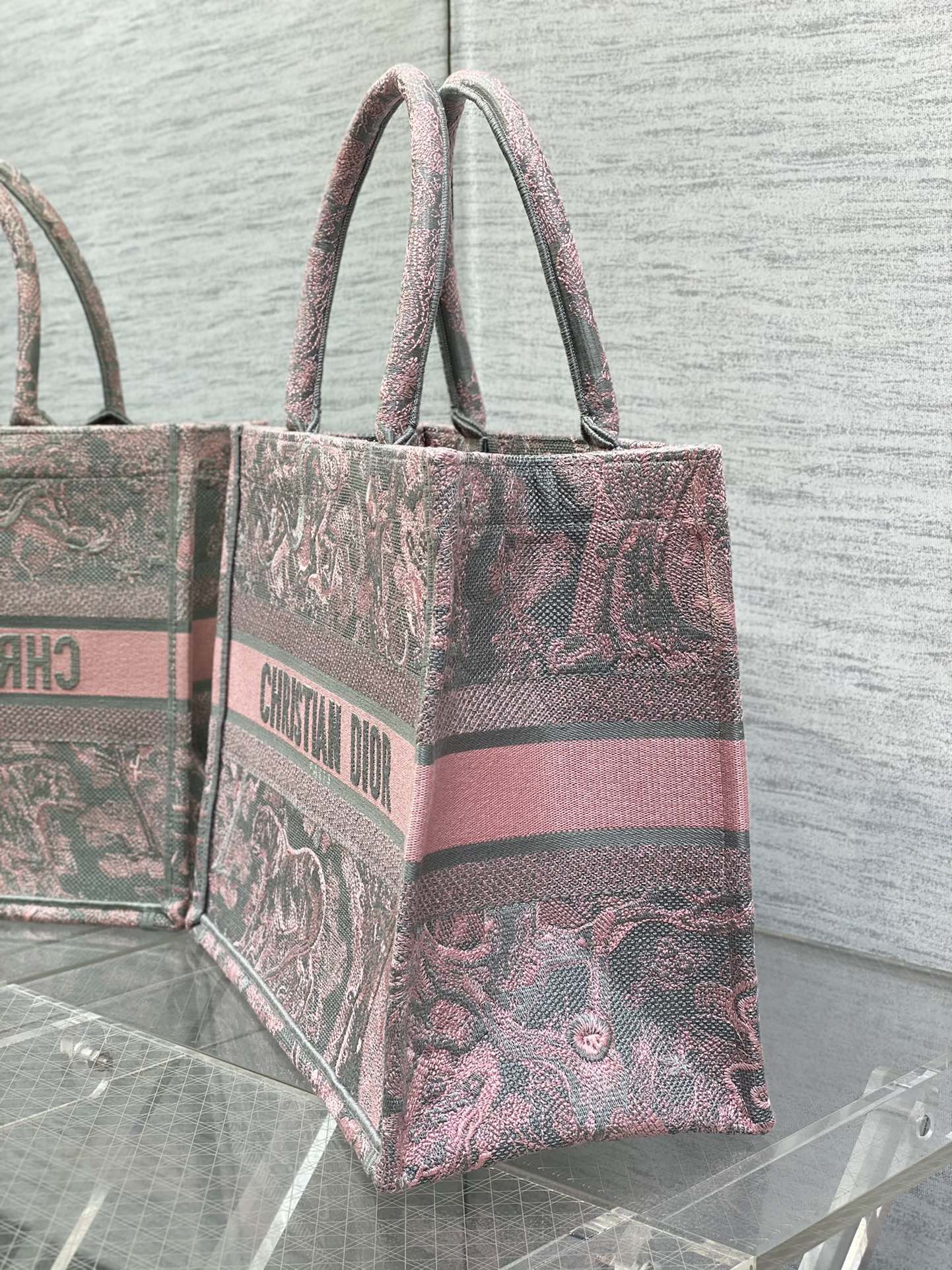 Bagsaaa D10r Book Tote Medium Gray and Pink Toile de Jouy Reverse Beverly Hills Embroidery - 36 x 27.5 x 16.5 cm