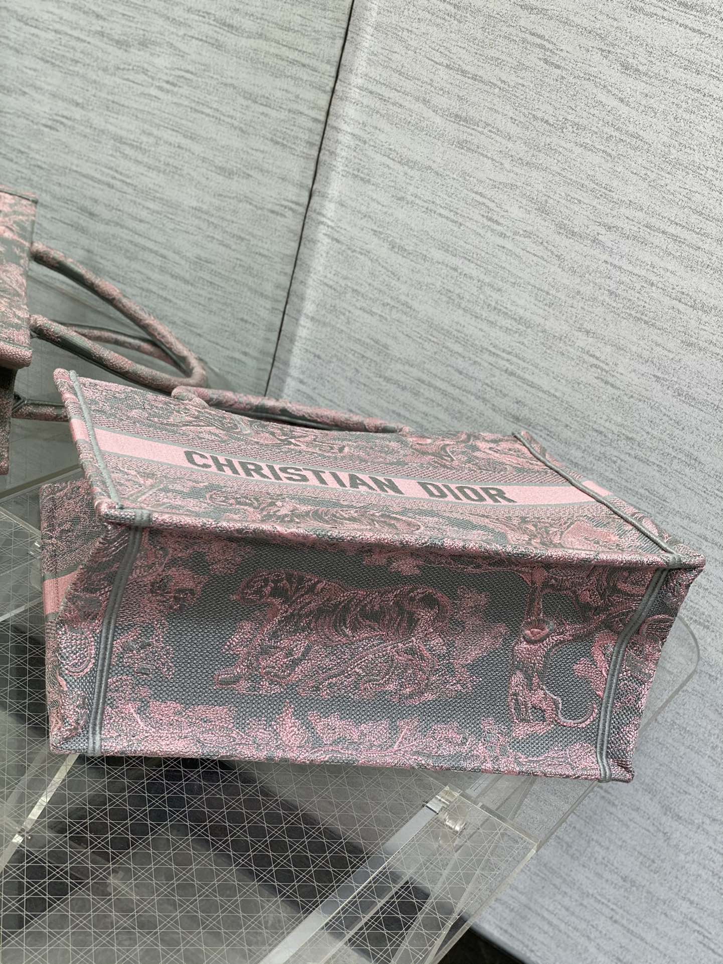 Bagsaaa D10r Book Tote Medium Gray and Pink Toile de Jouy Reverse Beverly Hills Embroidery - 36 x 27.5 x 16.5 cm