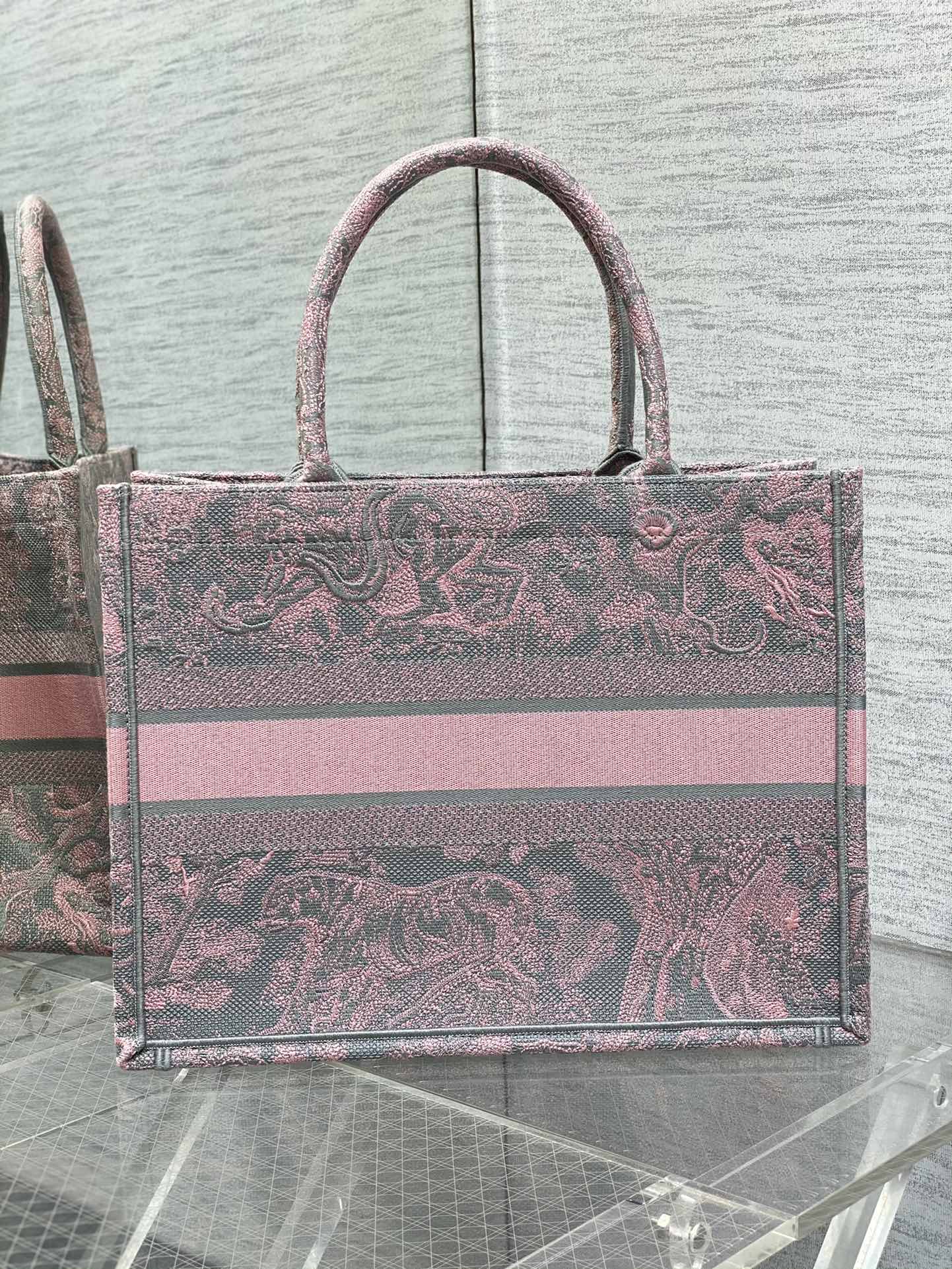 Bagsaaa D10r Book Tote Medium Gray and Pink Toile de Jouy Reverse Beverly Hills Embroidery - 36 x 27.5 x 16.5 cm
