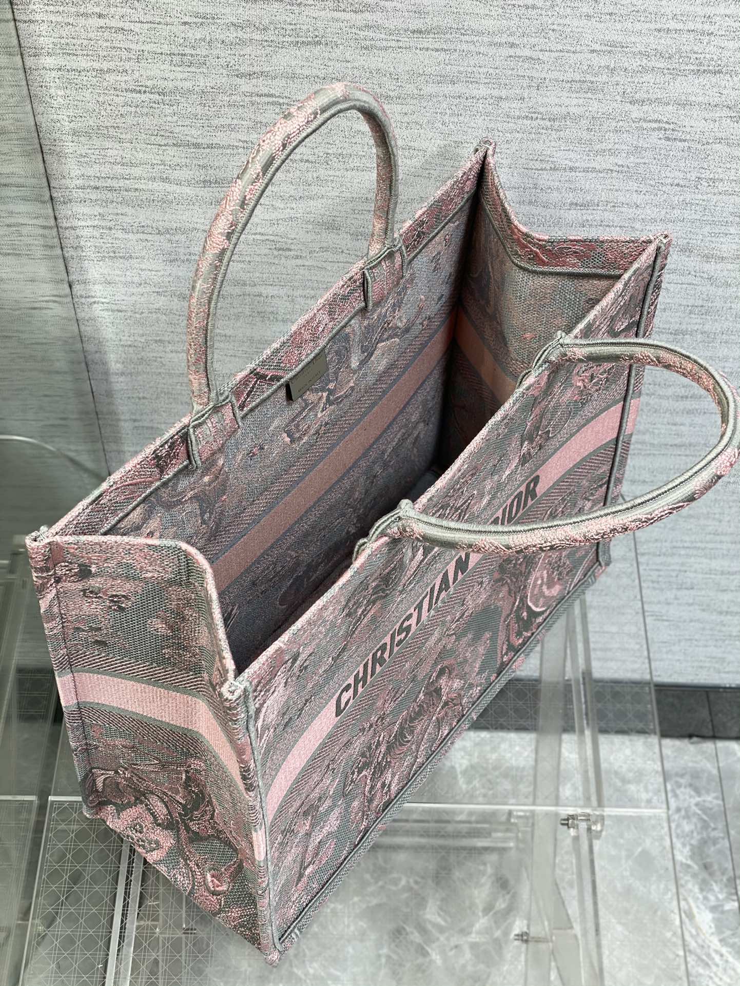 Bagsaaa D10r Book Tote Large Gray and Pink Toile de Jouy Reverse Beverly Hills Embroidery - 42 x 35 x 18.5 cm