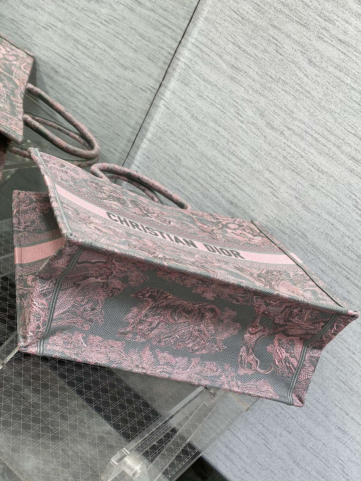 Bagsaaa D10r Book Tote Large Gray and Pink Toile de Jouy Reverse Beverly Hills Embroidery - 42 x 35 x 18.5 cm