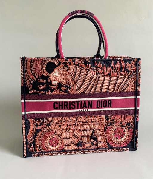 Bagsaaa D10r Book Tote Large 41cm Fuchsia/Navy Blue Animal Embroidered Canvas