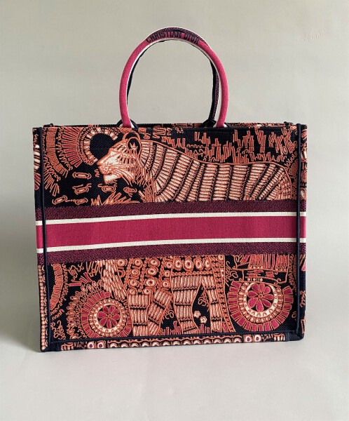 Bagsaaa D10r Book Tote Large 41cm Fuchsia/Navy Blue Animal Embroidered Canvas