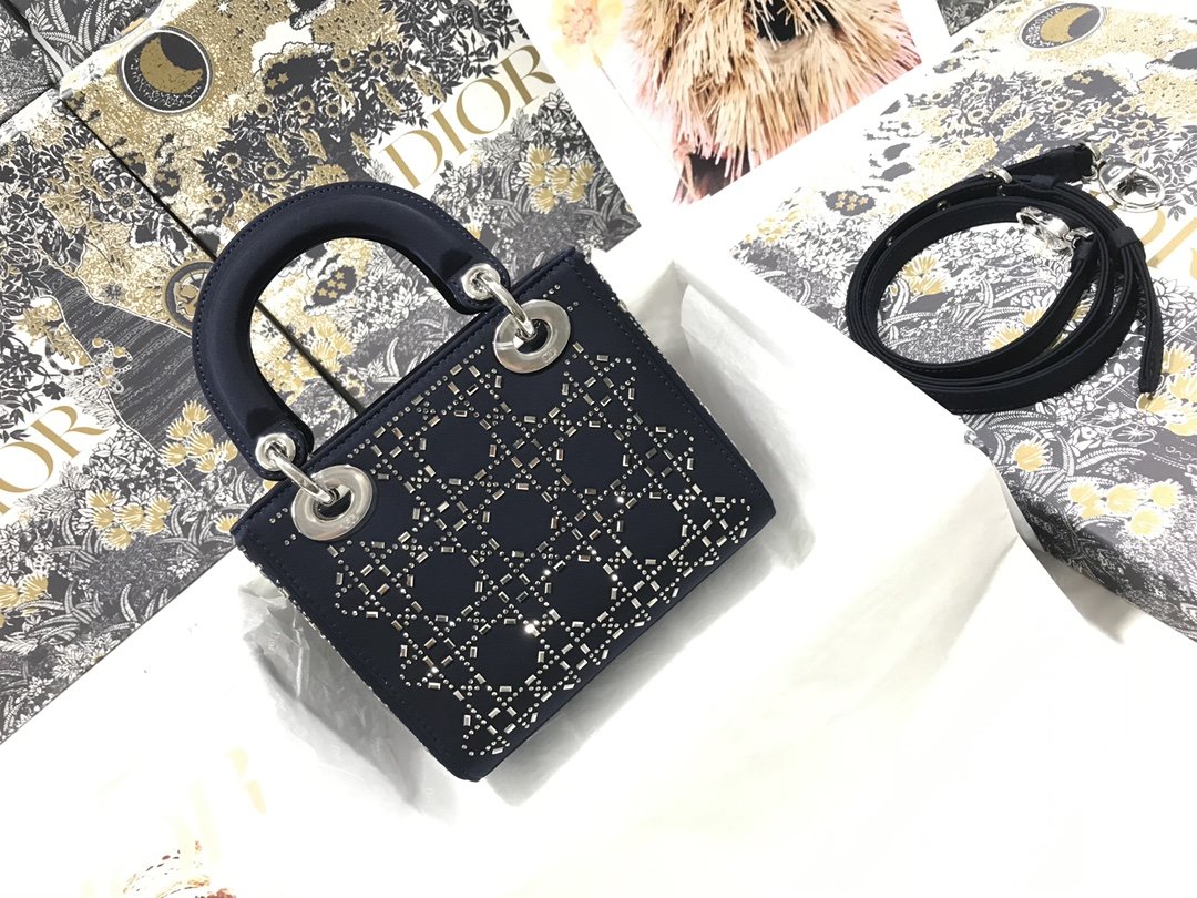 Bagsaaa Mini Lady D10r Bag Black Strass Cannage Satin - 17cm