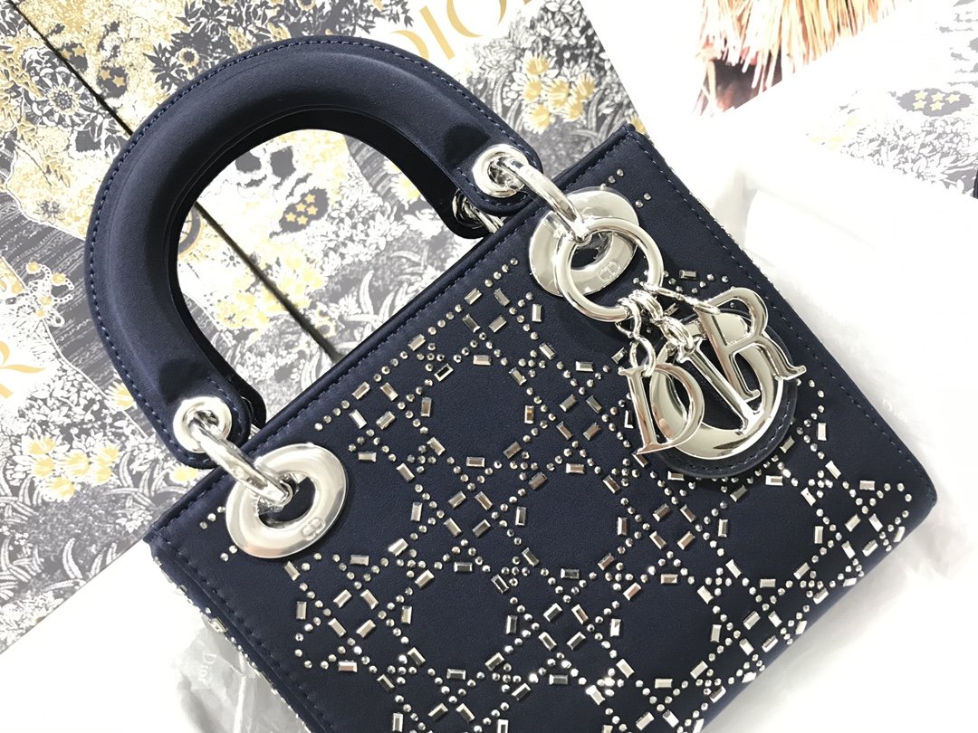 Bagsaaa Mini Lady D10r Bag Black Strass Cannage Satin - 17cm