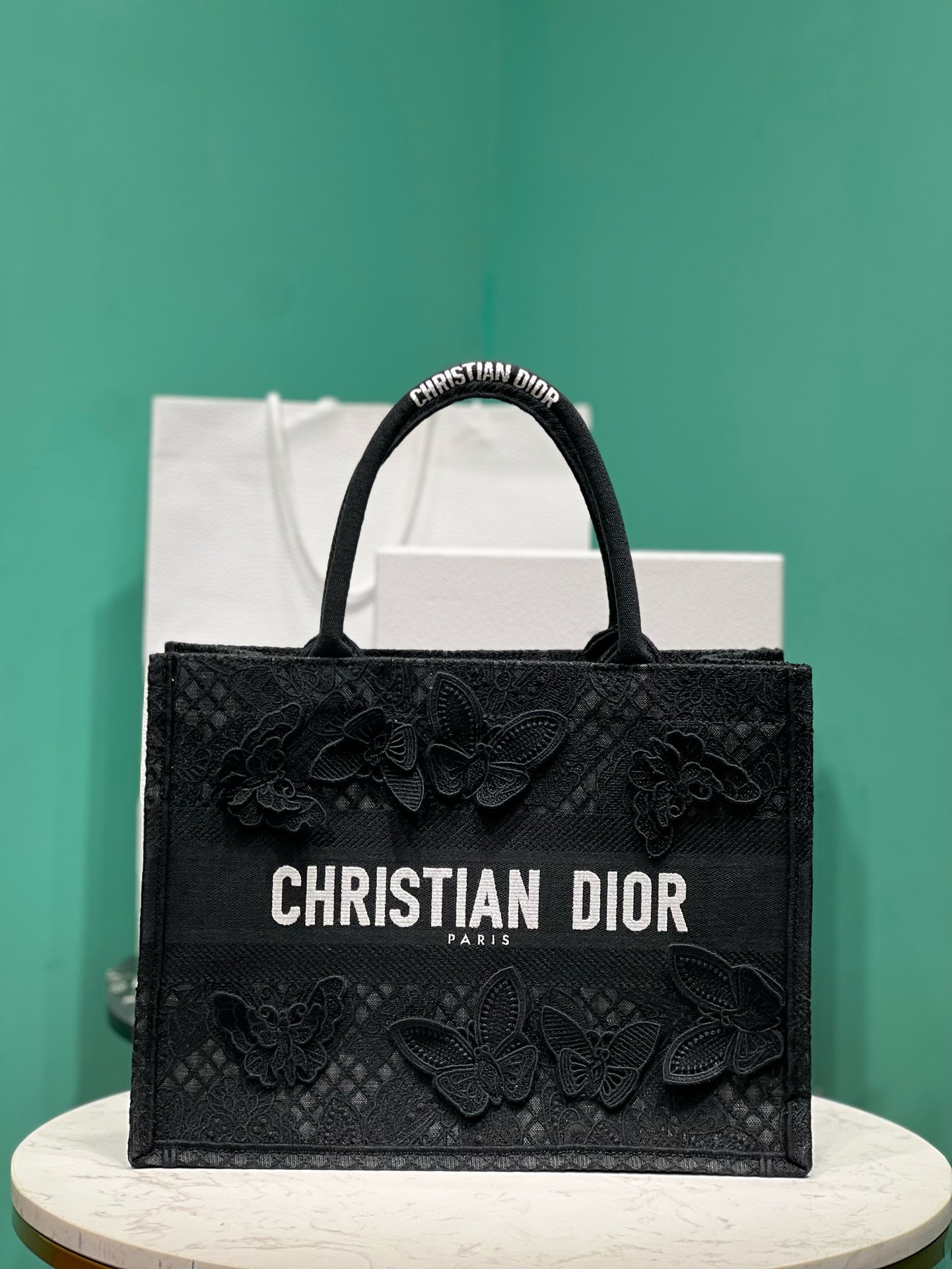 Bagsaaa D10r Book Tote Medium Black D-Lace Butterfly Embroidery with 3D Macramé Effect