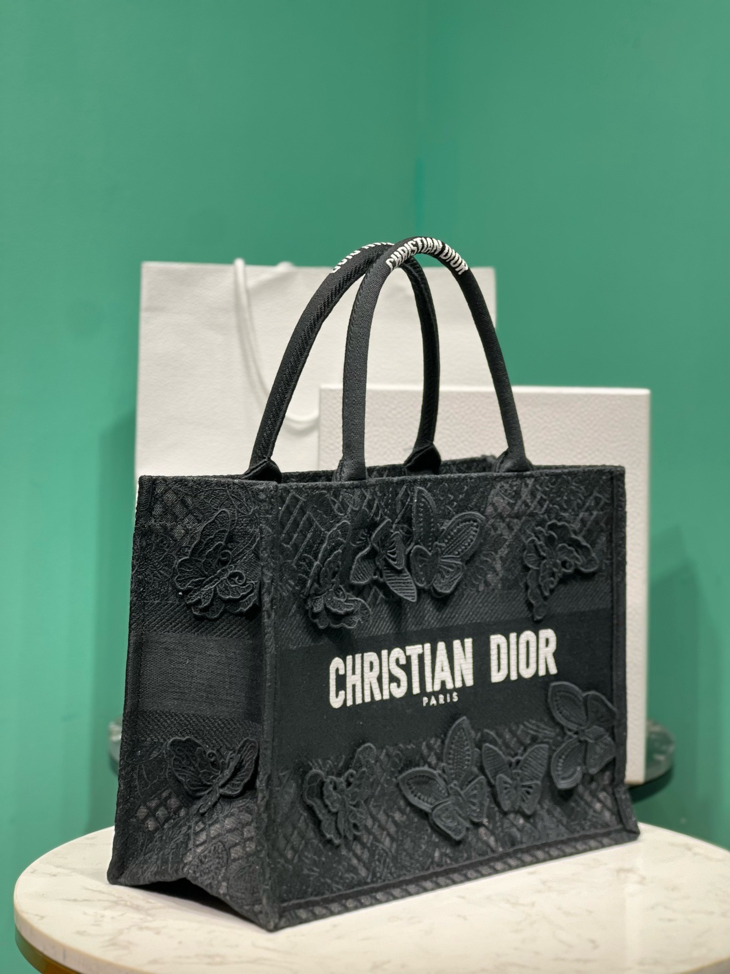 Bagsaaa D10r Book Tote Medium Black D-Lace Butterfly Embroidery with 3D Macramé Effect