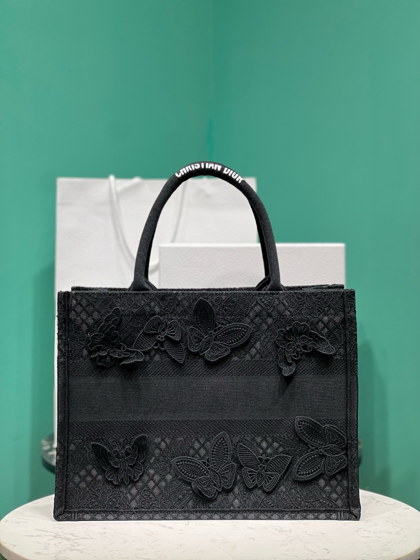 Bagsaaa D10r Book Tote Medium Black D-Lace Butterfly Embroidery with 3D Macramé Effect
