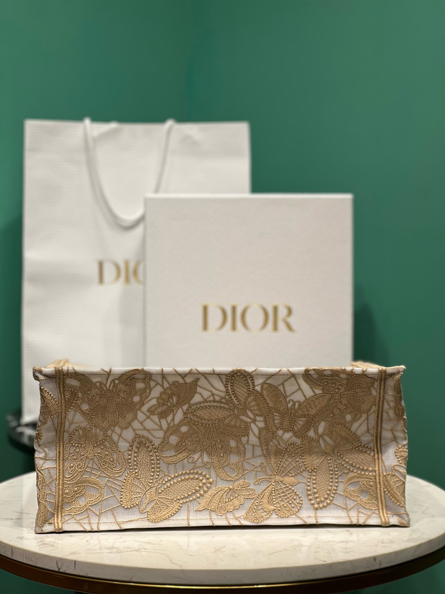 Bagsaaa D10r Book Tote Beige Medium D-Lace Butterfly Embroidery with 3D Macramé Effect