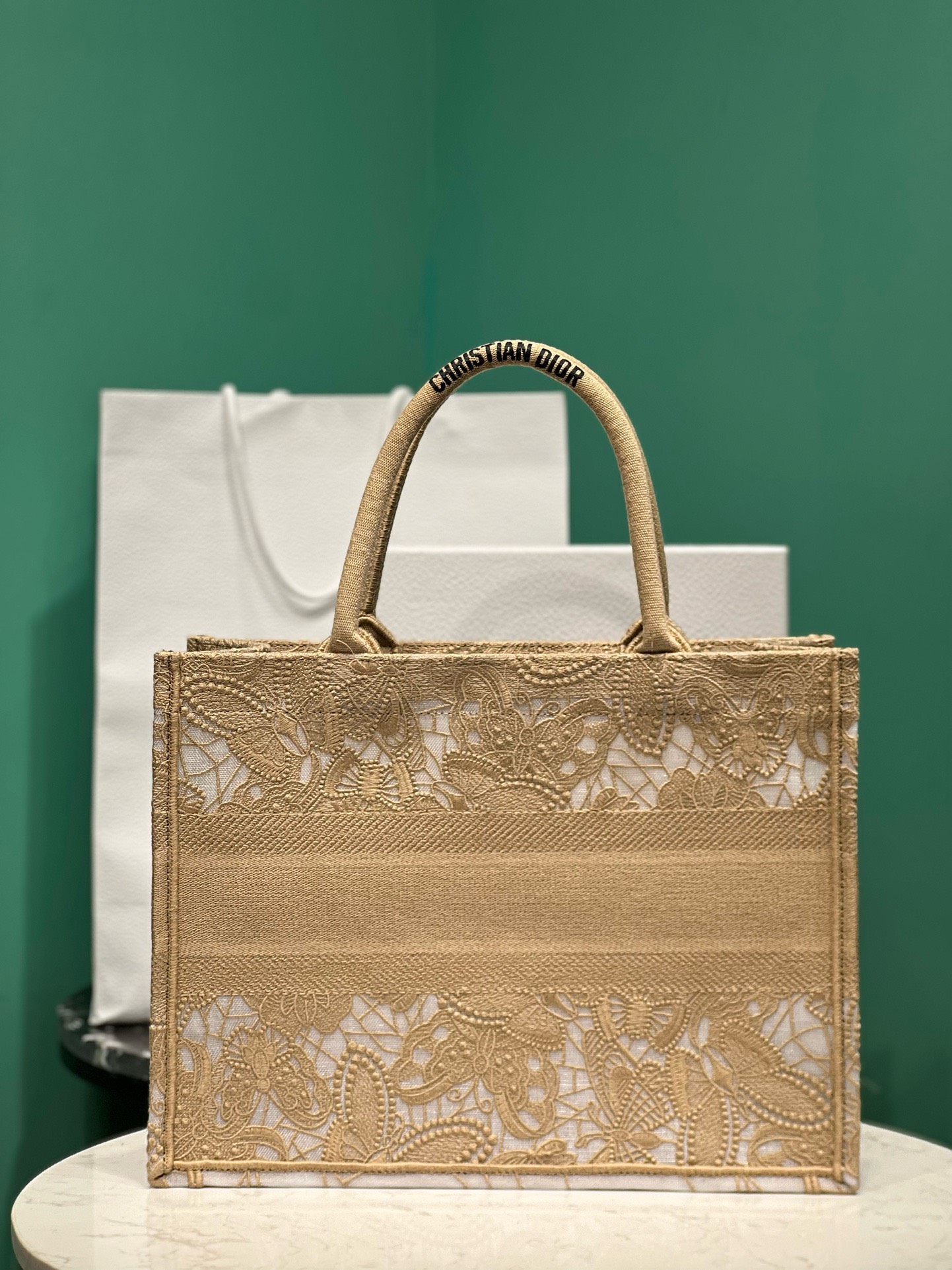 Bagsaaa D10r Book Tote Beige Medium D-Lace Butterfly Embroidery with 3D Macramé Effect