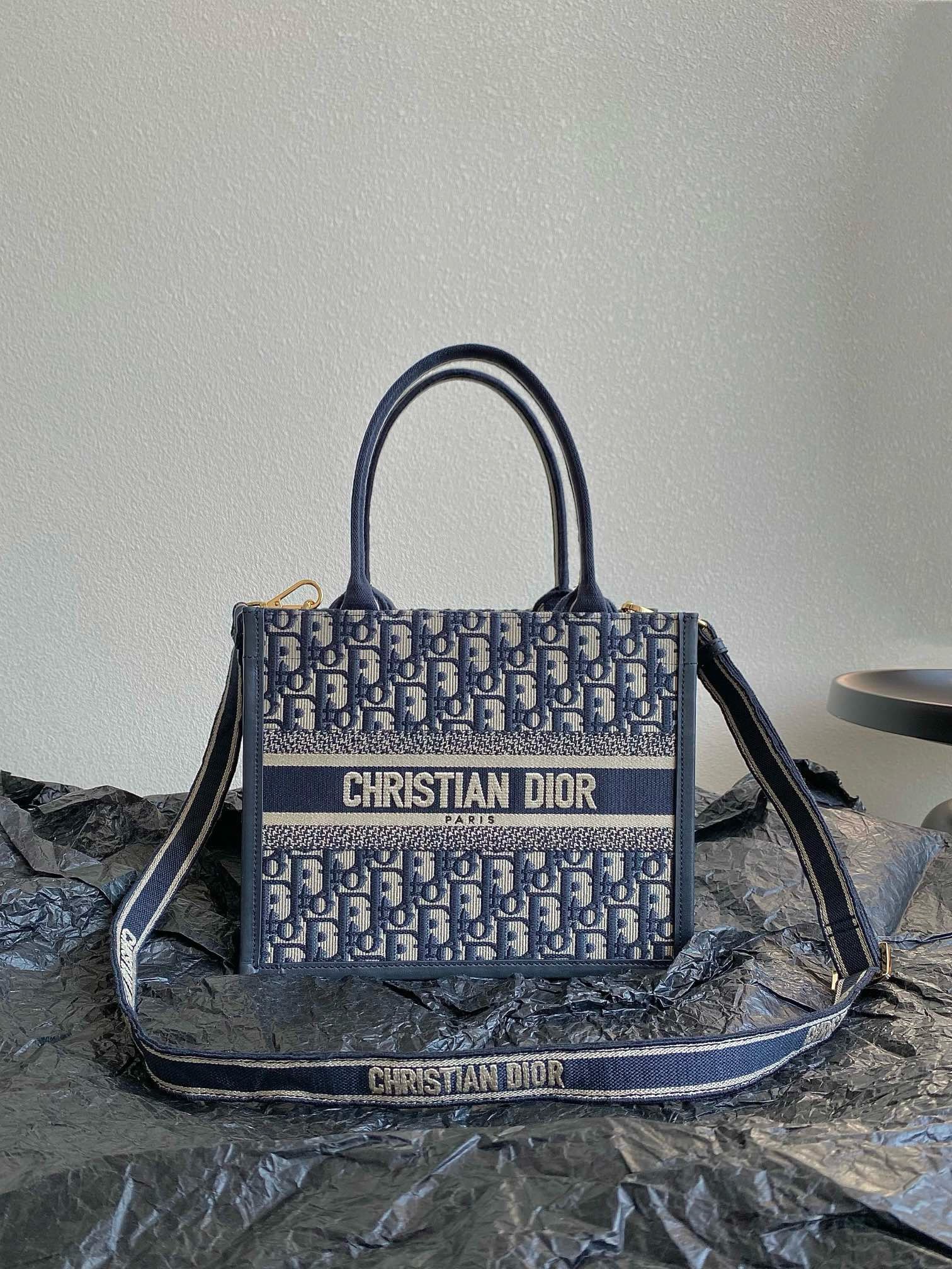 Bagsaaa D10r Small D10r Book Tote Blue Oblique Embroidery and Calfskin With Strap