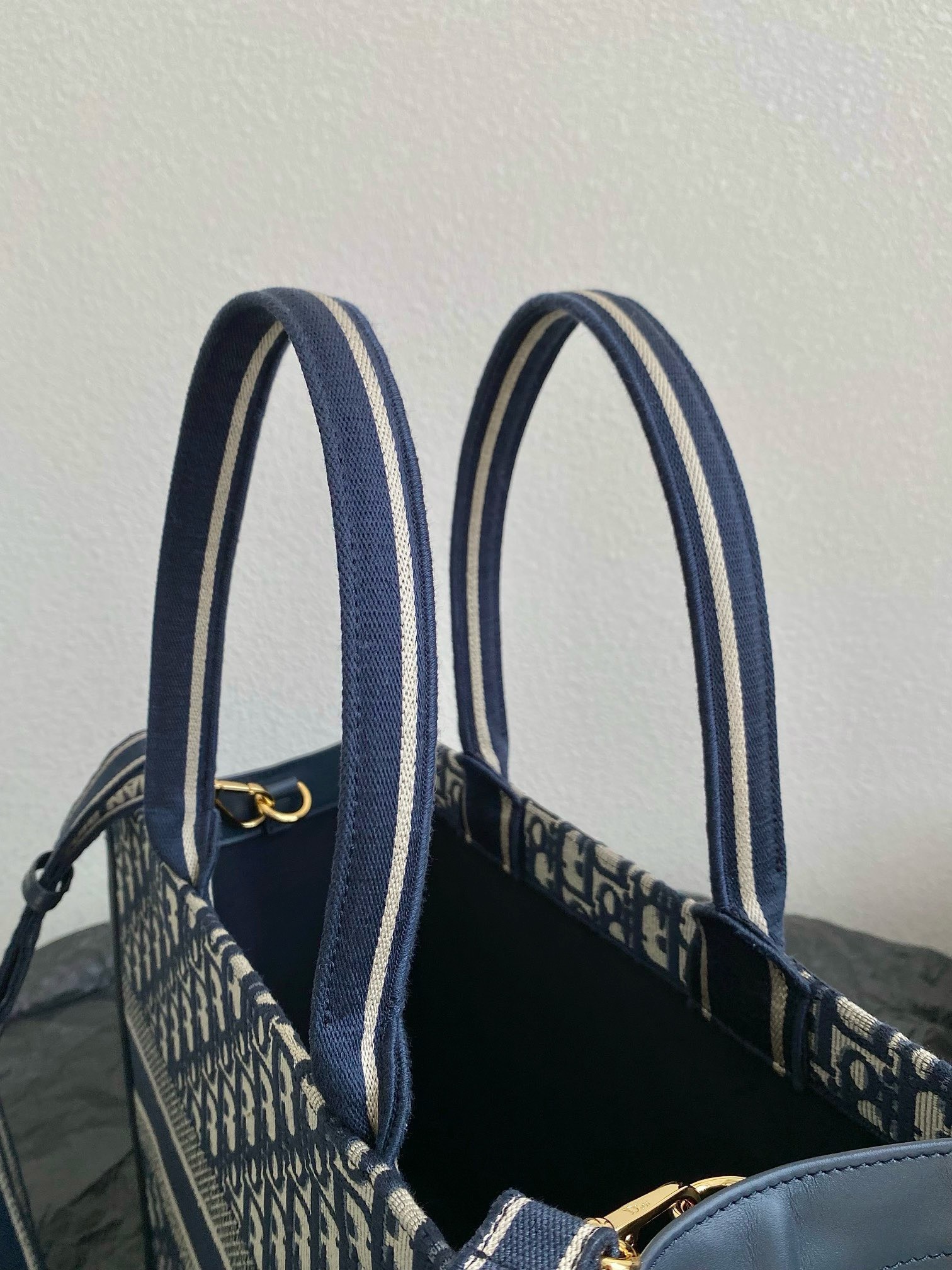 Bagsaaa D10r Medium D10r Book Tote Blue Oblique Embroidery and Calfskin With Strap