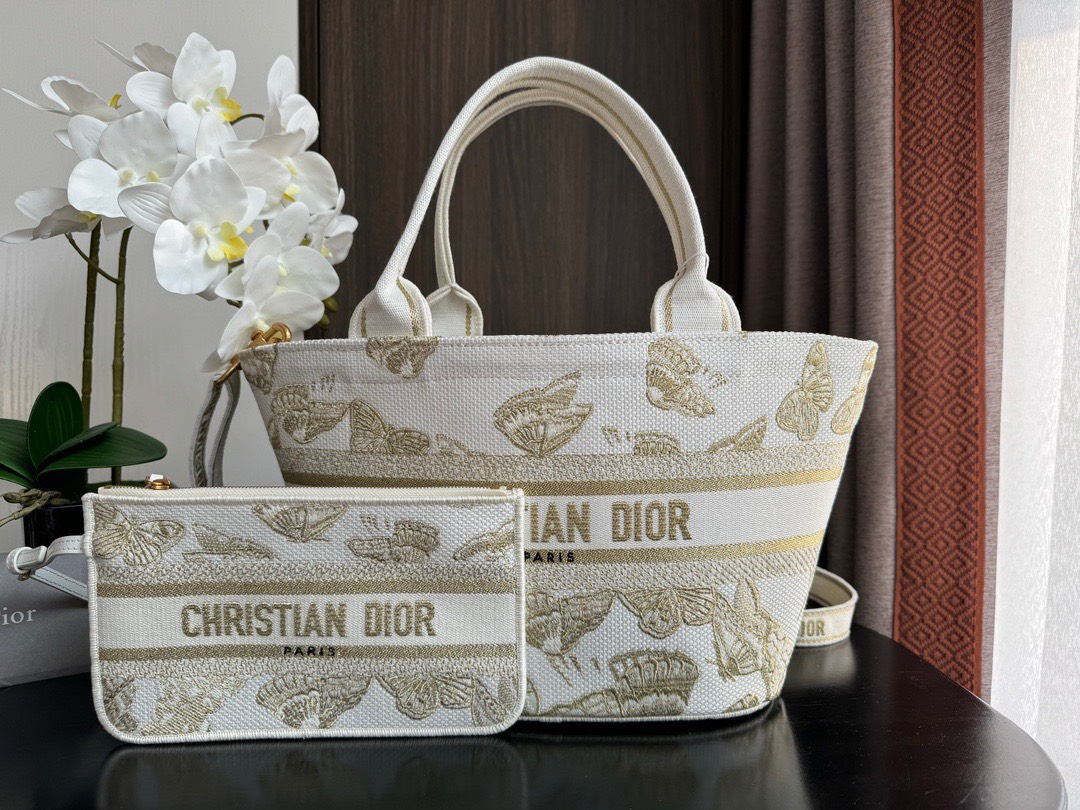 Bagsaaa D10r Hat Basket Bag White and Gold-tone Gradient Butterflies Embroidery