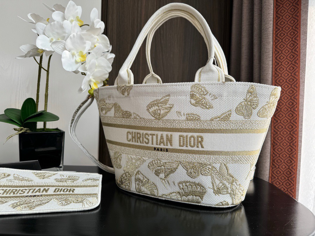Bagsaaa D10r Hat Basket Bag White and Gold-tone Gradient Butterflies Embroidery