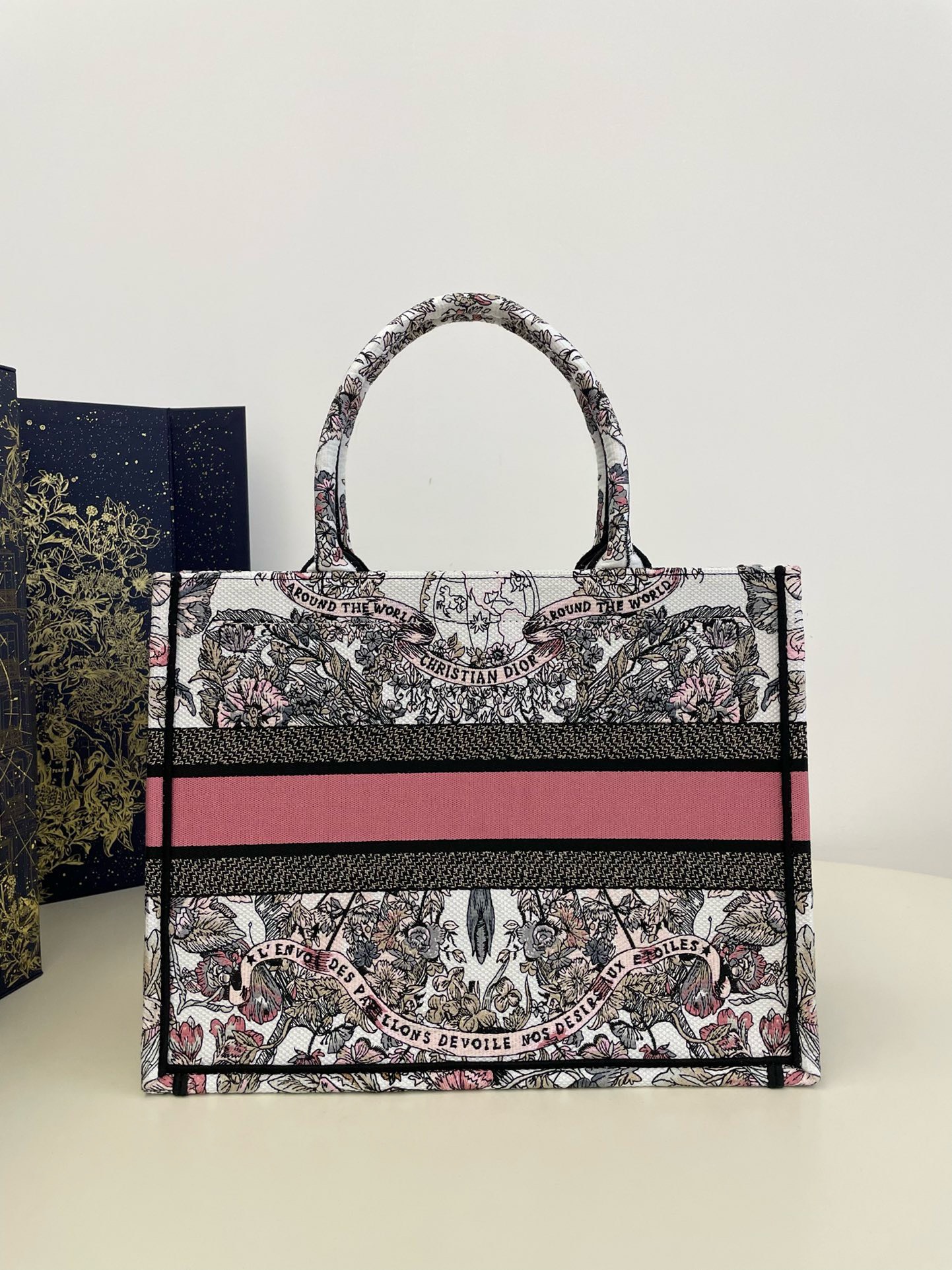Bagsaaa D10r Lady Medium Book Tote White and Pastel Pink Butterfly Around The World Embroidery - 36x18x28cm