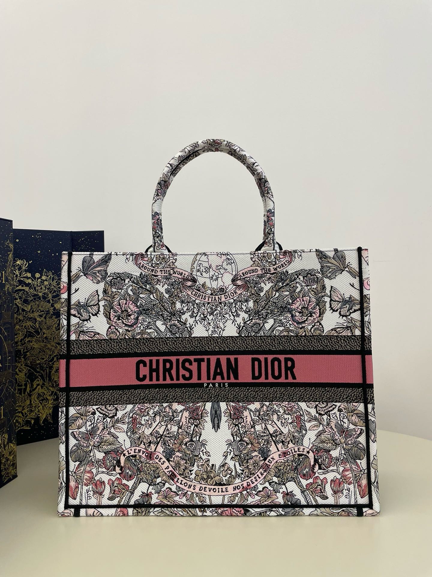 Bagsaaa D10r Lady Medium Book Tote White and Pastel Pink Butterfly Around The World Embroidery - 42 x 35 x 18.5 cm