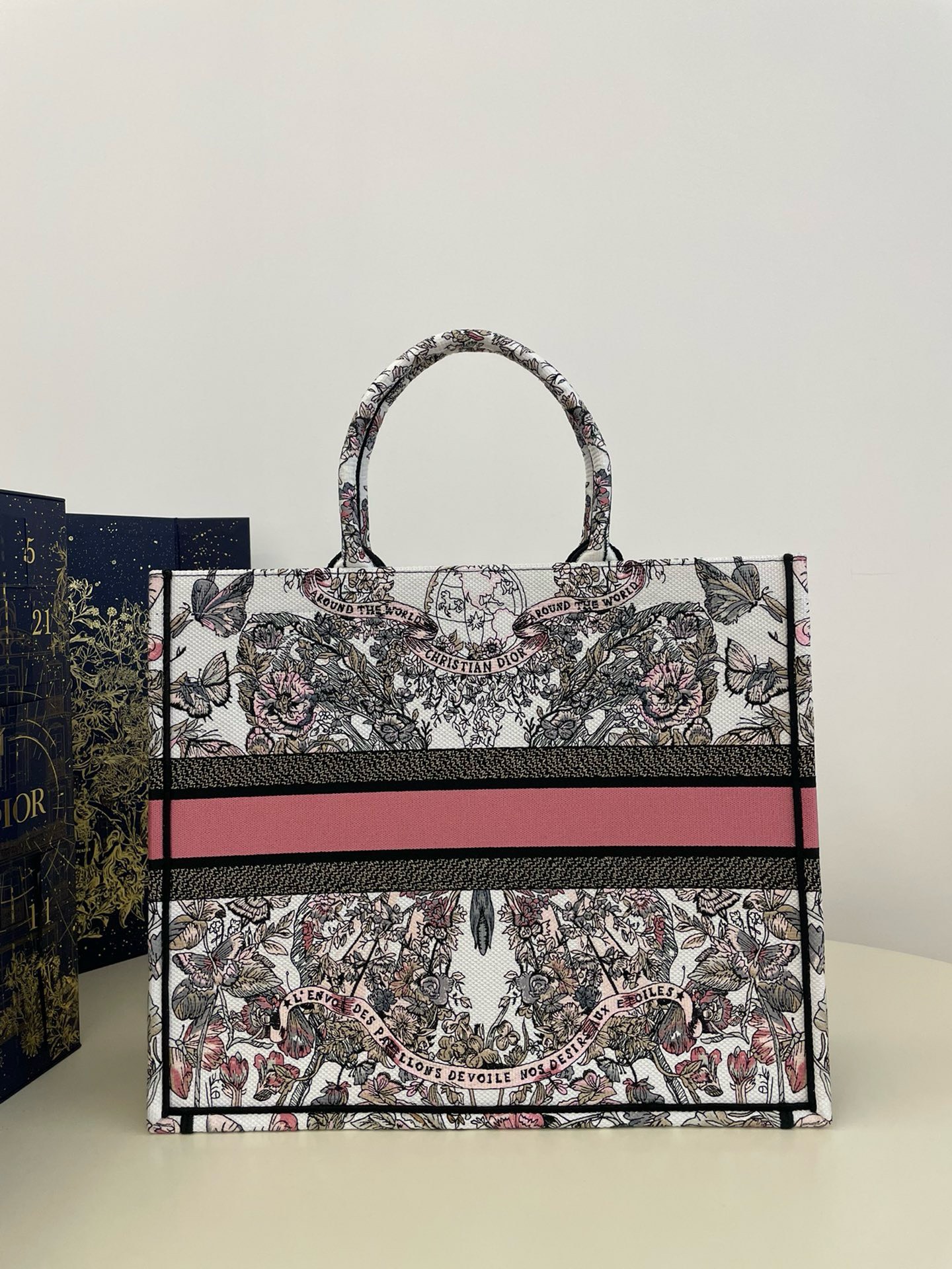 Bagsaaa D10r Lady Medium Book Tote White and Pastel Pink Butterfly Around The World Embroidery - 42 x 35 x 18.5 cm