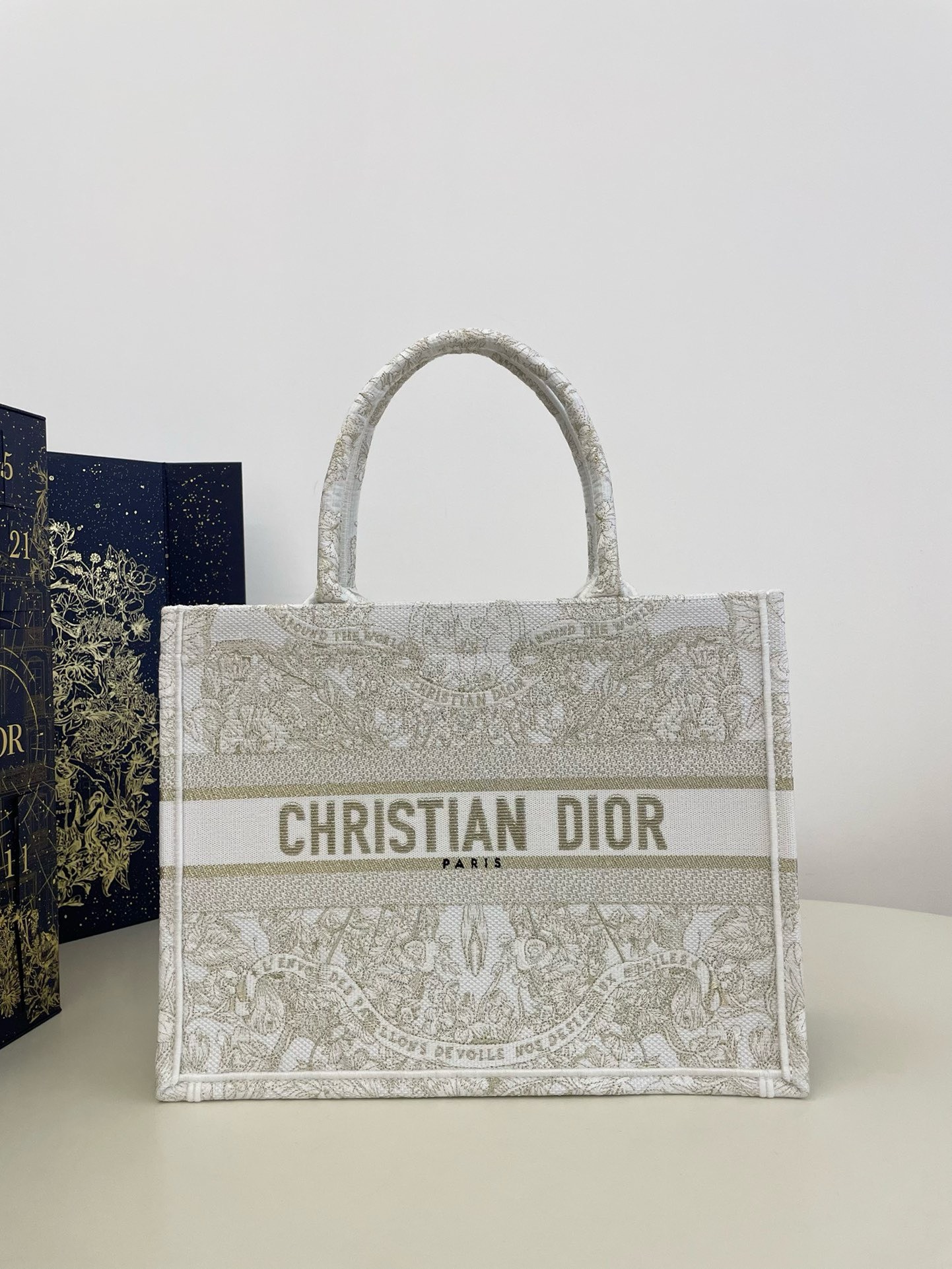Bagsaaa D10r Lady Medium Book Tote Gold-Tone and White Butterfly Around The World Embroidery - 36x18x28cm
