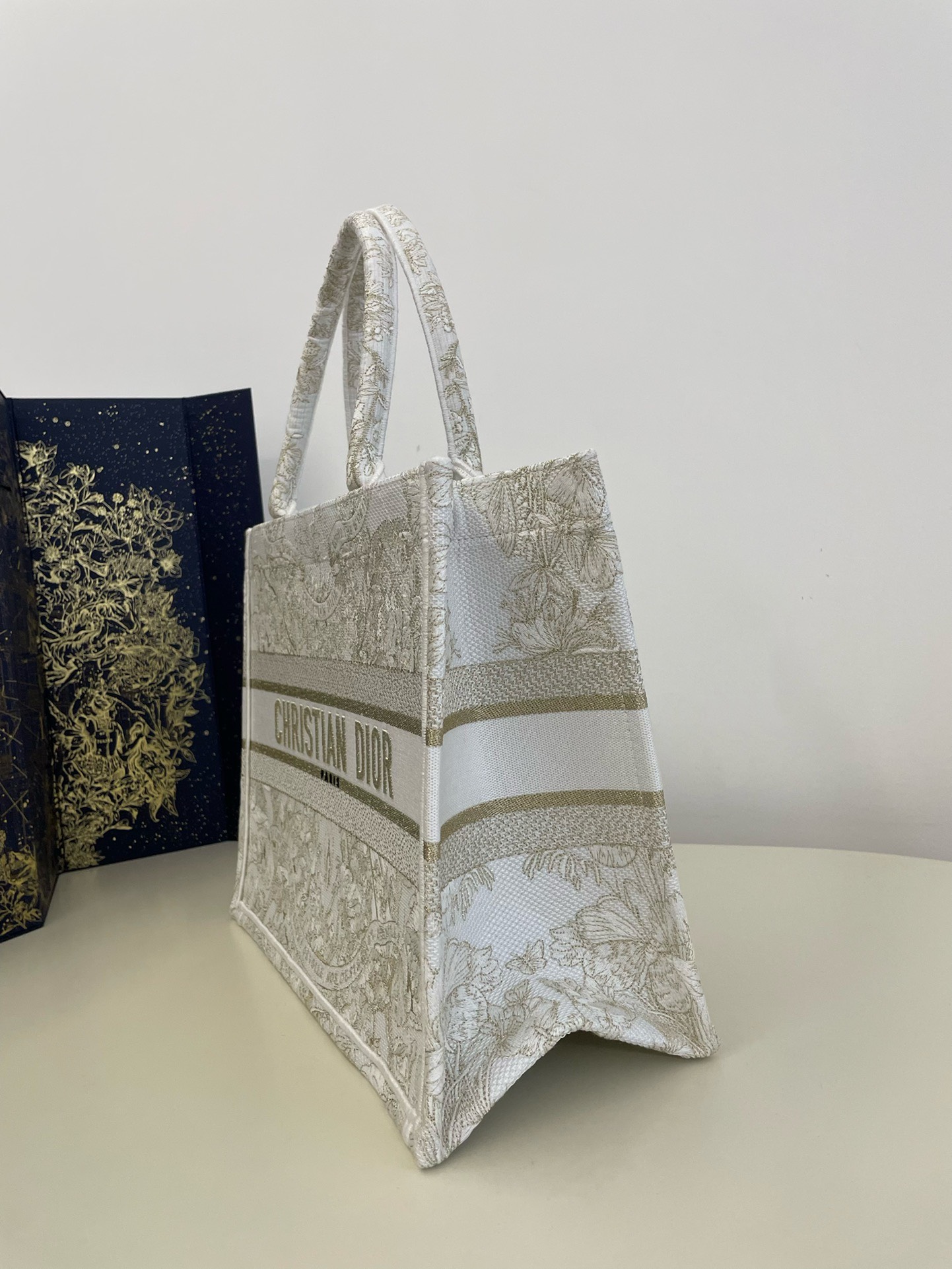Bagsaaa D10r Lady Medium Book Tote Gold-Tone and White Butterfly Around The World Embroidery - 36x18x28cm