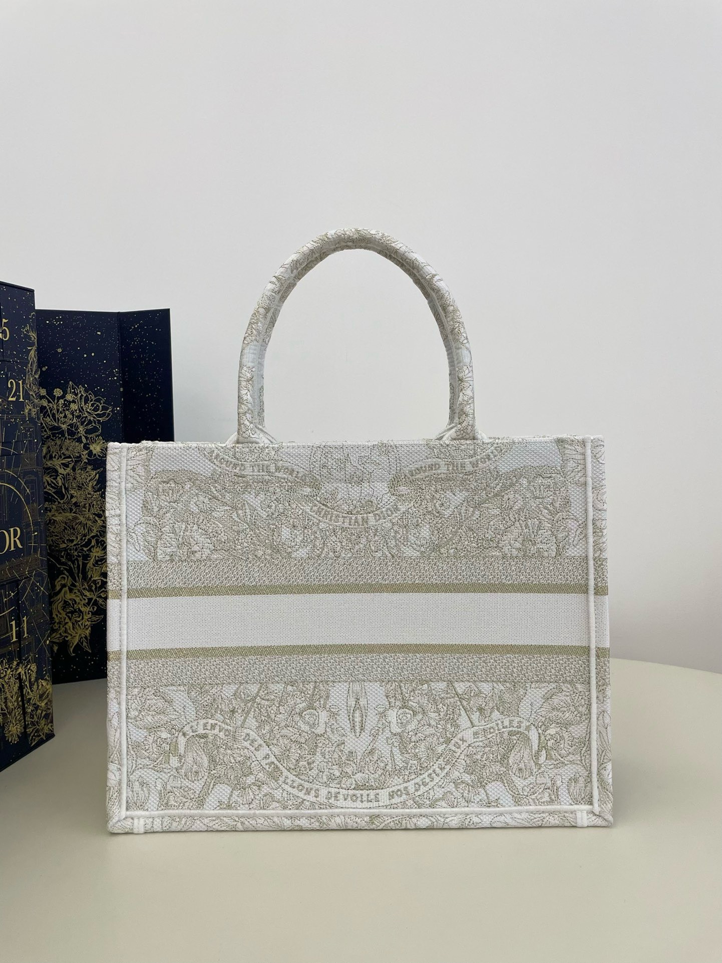 Bagsaaa D10r Lady Medium Book Tote Gold-Tone and White Butterfly Around The World Embroidery - 36x18x28cm