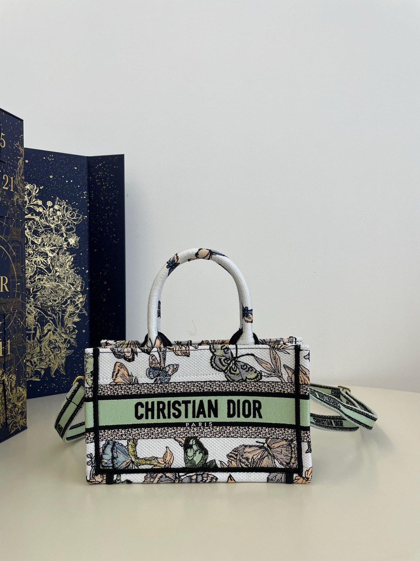 Bagsaaa D10r Mini Book Tote With Strap White and Green Toile De Jouy Mexico Embroidery - 21.5x13x7.5cm