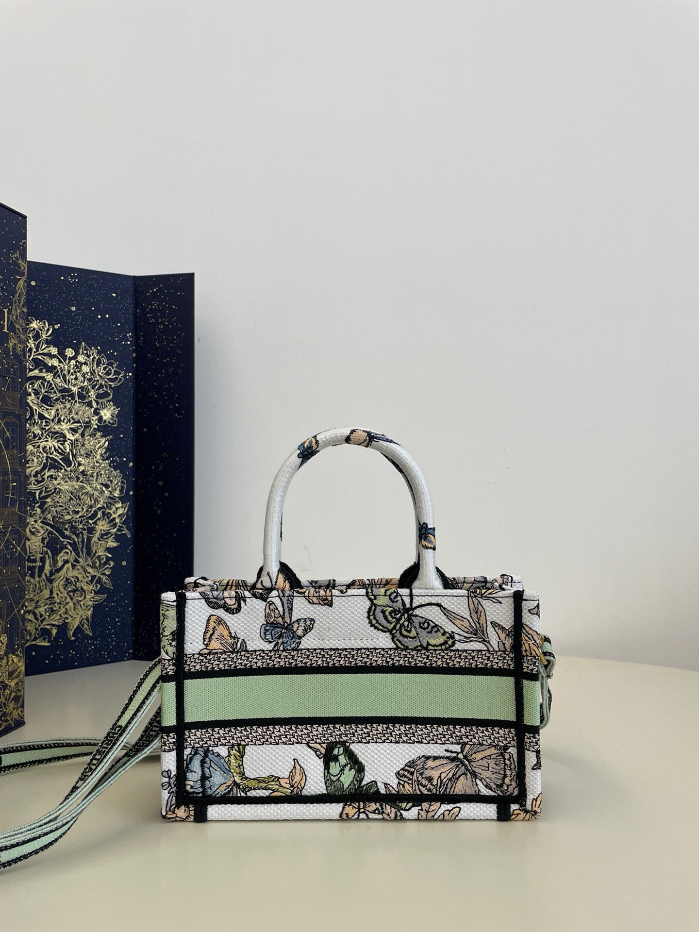 Bagsaaa D10r Mini Book Tote With Strap White and Green Toile De Jouy Mexico Embroidery - 21.5x13x7.5cm