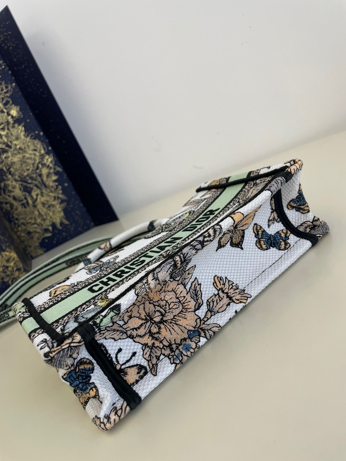 Bagsaaa D10r Mini Book Tote With Strap White and Green Toile De Jouy Mexico Embroidery - 21.5x13x7.5cm