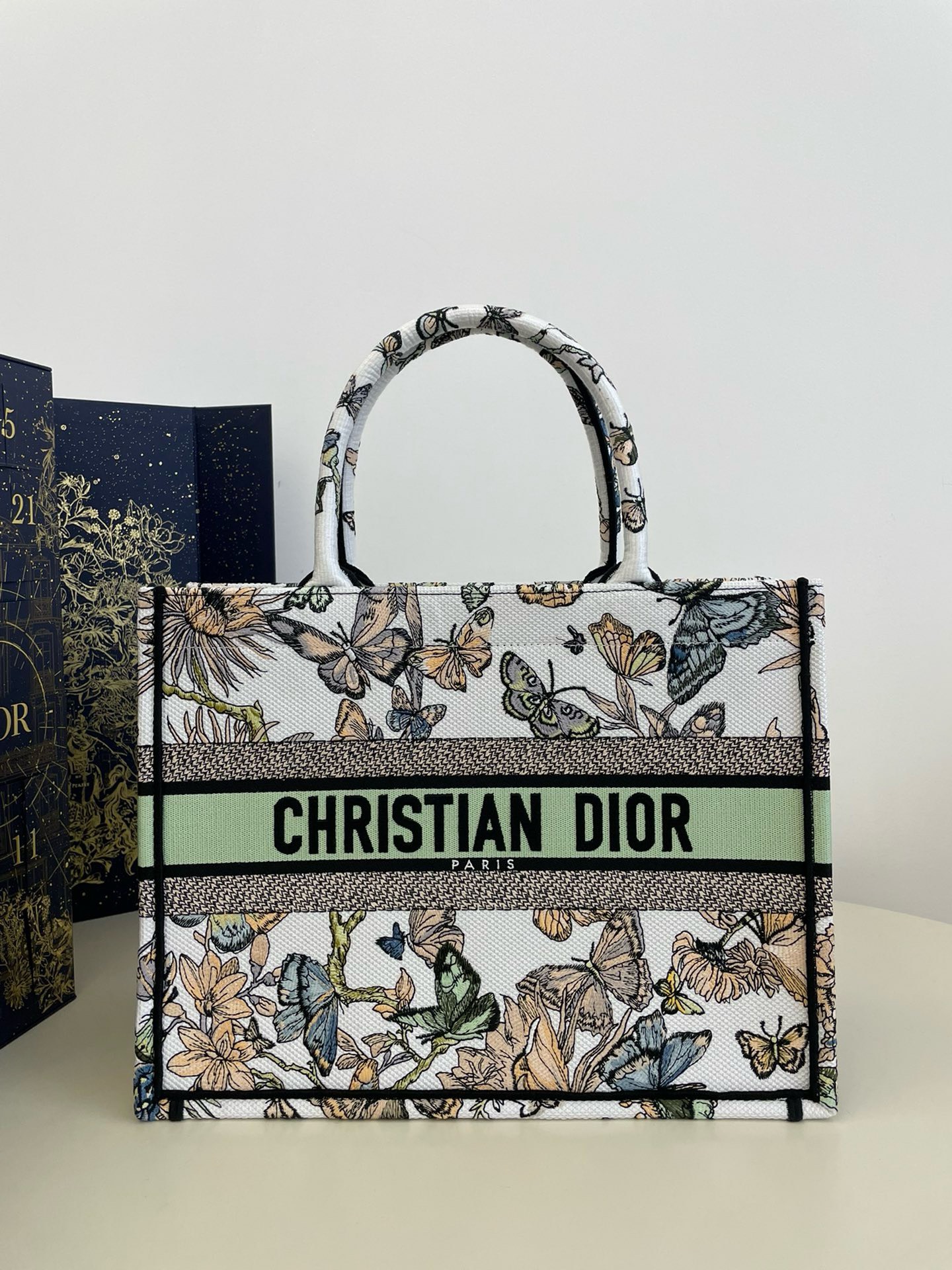 Bagsaaa D10r Medium Book Tote White and Green Toile De Jouy Mexico Embroidery - 36x18x28cm