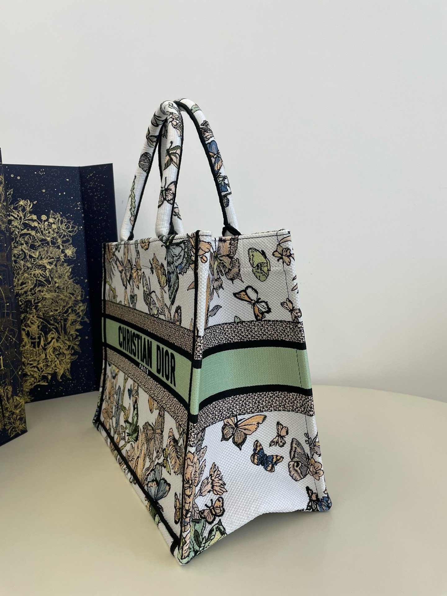 Bagsaaa D10r Medium Book Tote White and Green Toile De Jouy Mexico Embroidery - 36x18x28cm