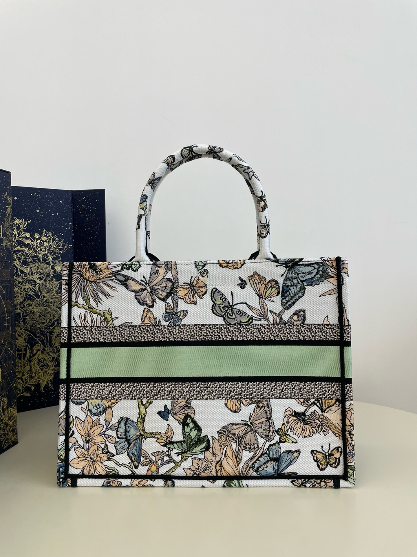 Bagsaaa D10r Medium Book Tote White and Green Toile De Jouy Mexico Embroidery - 36x18x28cm