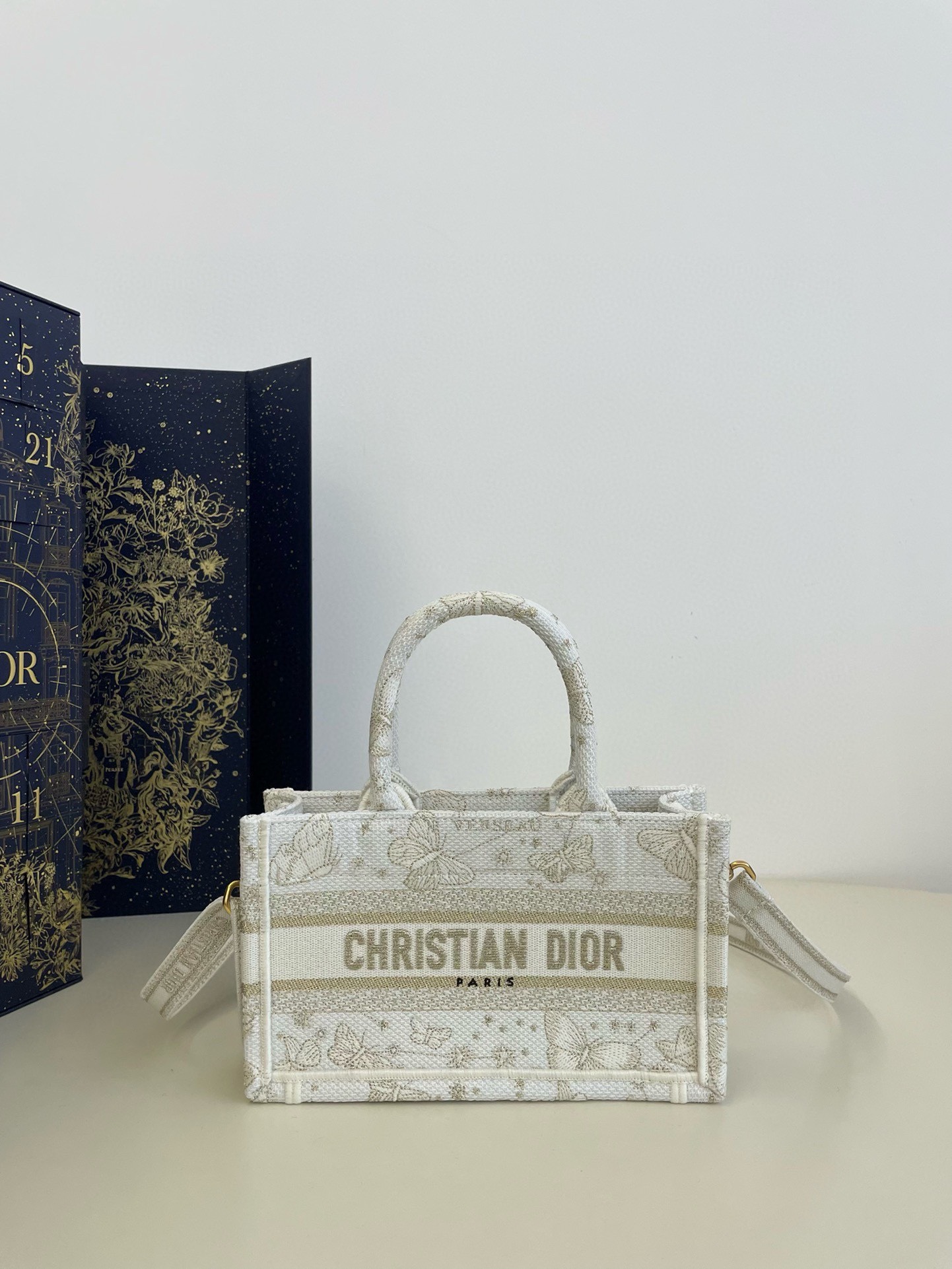 Bagsaaa D10r Mini Book Tote With Strap White and Gold-tone Gradient Butterflies - 21.5x13x7.5cm