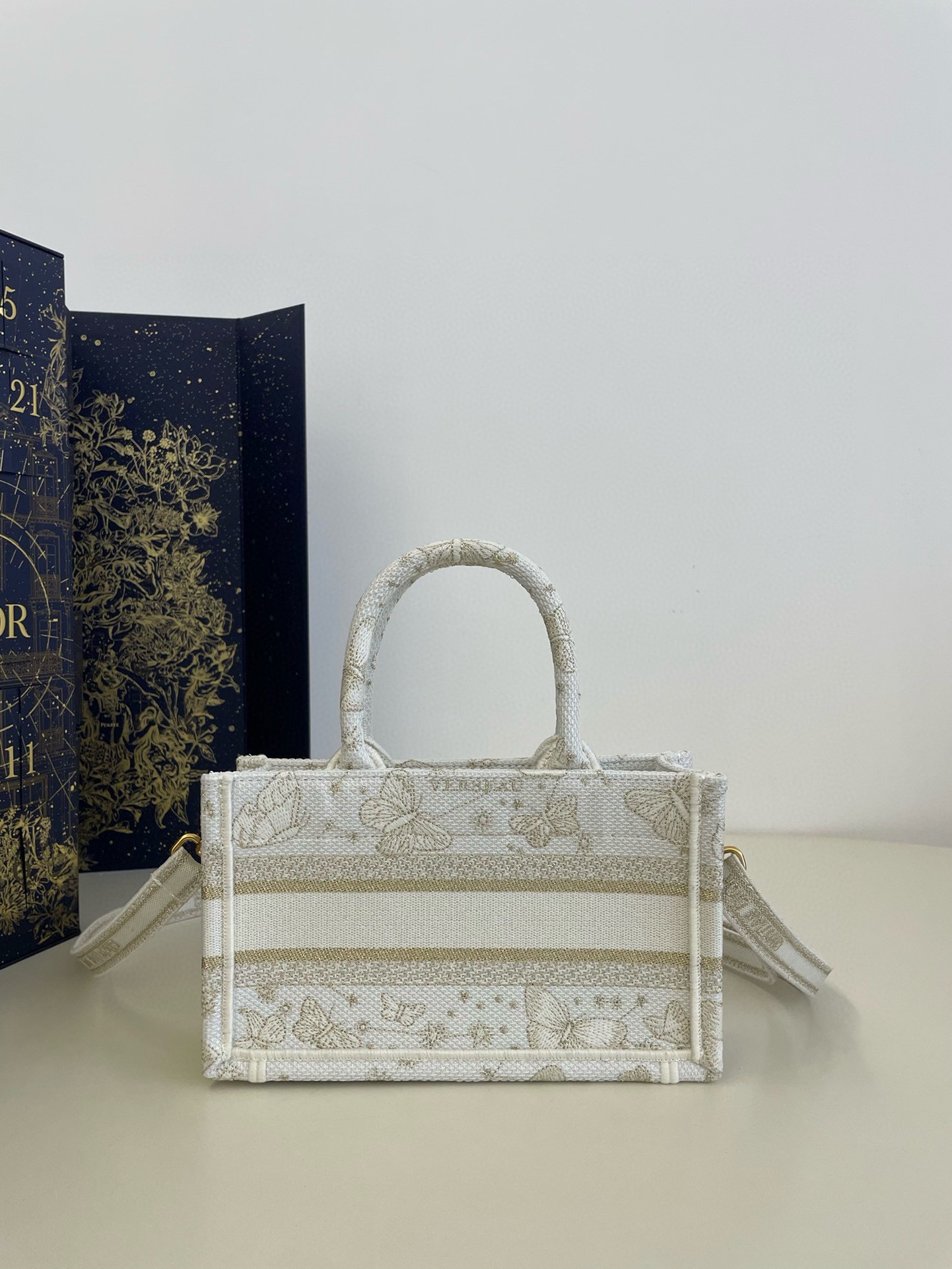 Bagsaaa D10r Mini Book Tote With Strap White and Gold-tone Gradient Butterflies - 21.5x13x7.5cm