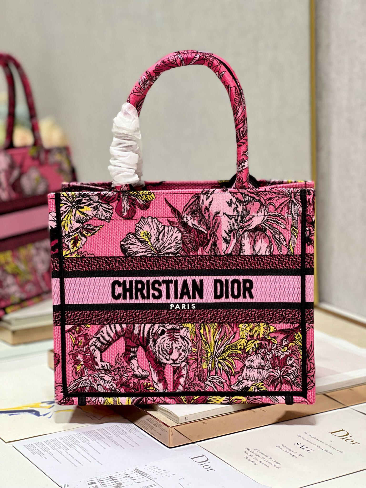 Bagsaaa D10r Small Book Tote Celestial Pink Multicolor Toile de Jouy Voyage Embroidery