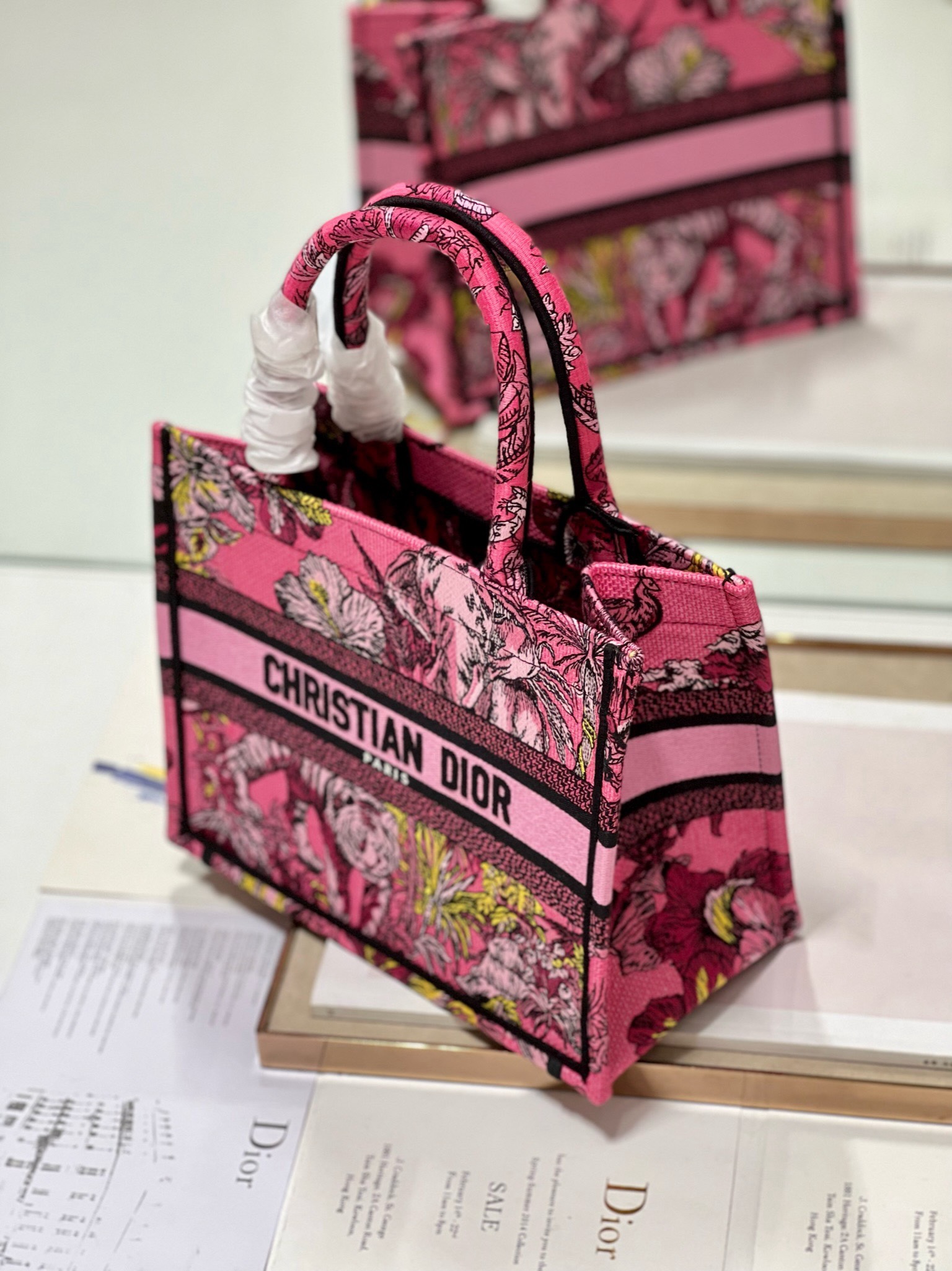 Bagsaaa D10r Small Book Tote Celestial Pink Multicolor Toile de Jouy Voyage Embroidery