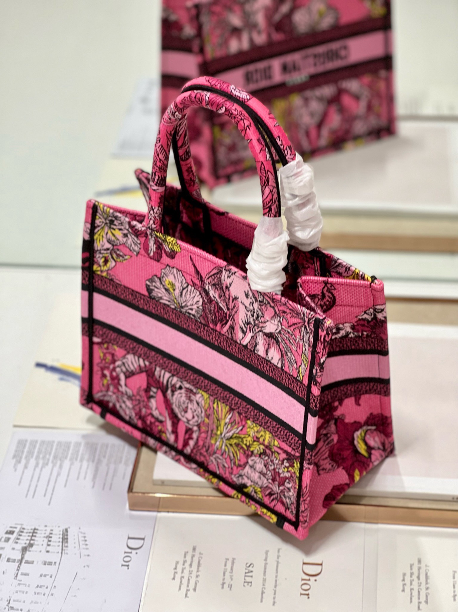 Bagsaaa D10r Small Book Tote Celestial Pink Multicolor Toile de Jouy Voyage Embroidery