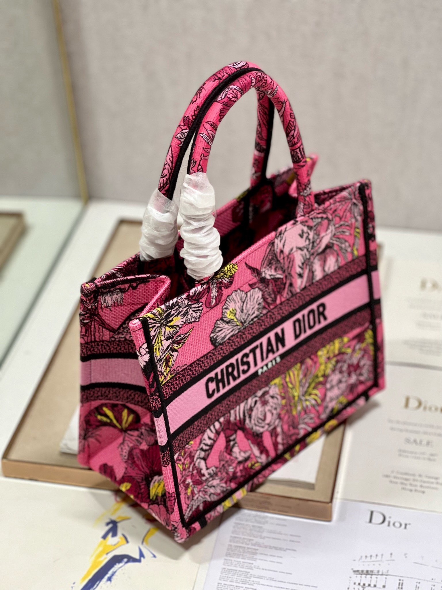 Bagsaaa D10r Small Book Tote Celestial Pink Multicolor Toile de Jouy Voyage Embroidery