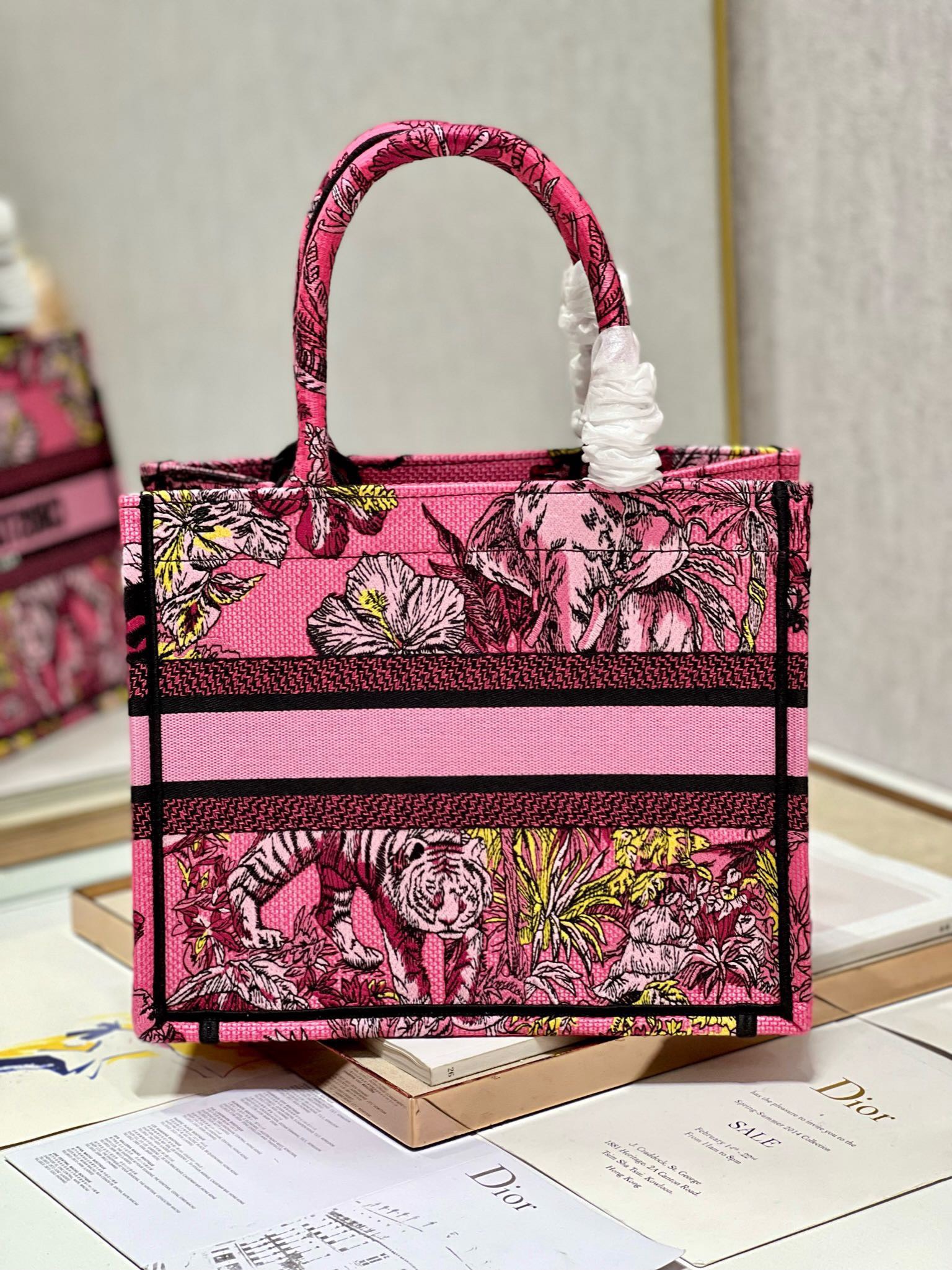 Bagsaaa D10r Small Book Tote Celestial Pink Multicolor Toile de Jouy Voyage Embroidery