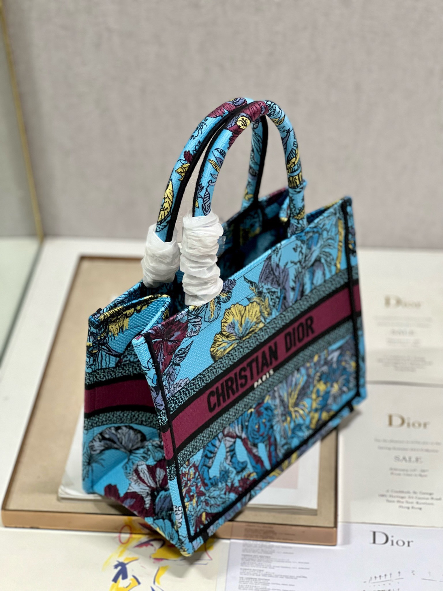 Bagsaaa D10r Small Book Tote Celestial Blue Multicolor Toile de Jouy Voyage Embroidery