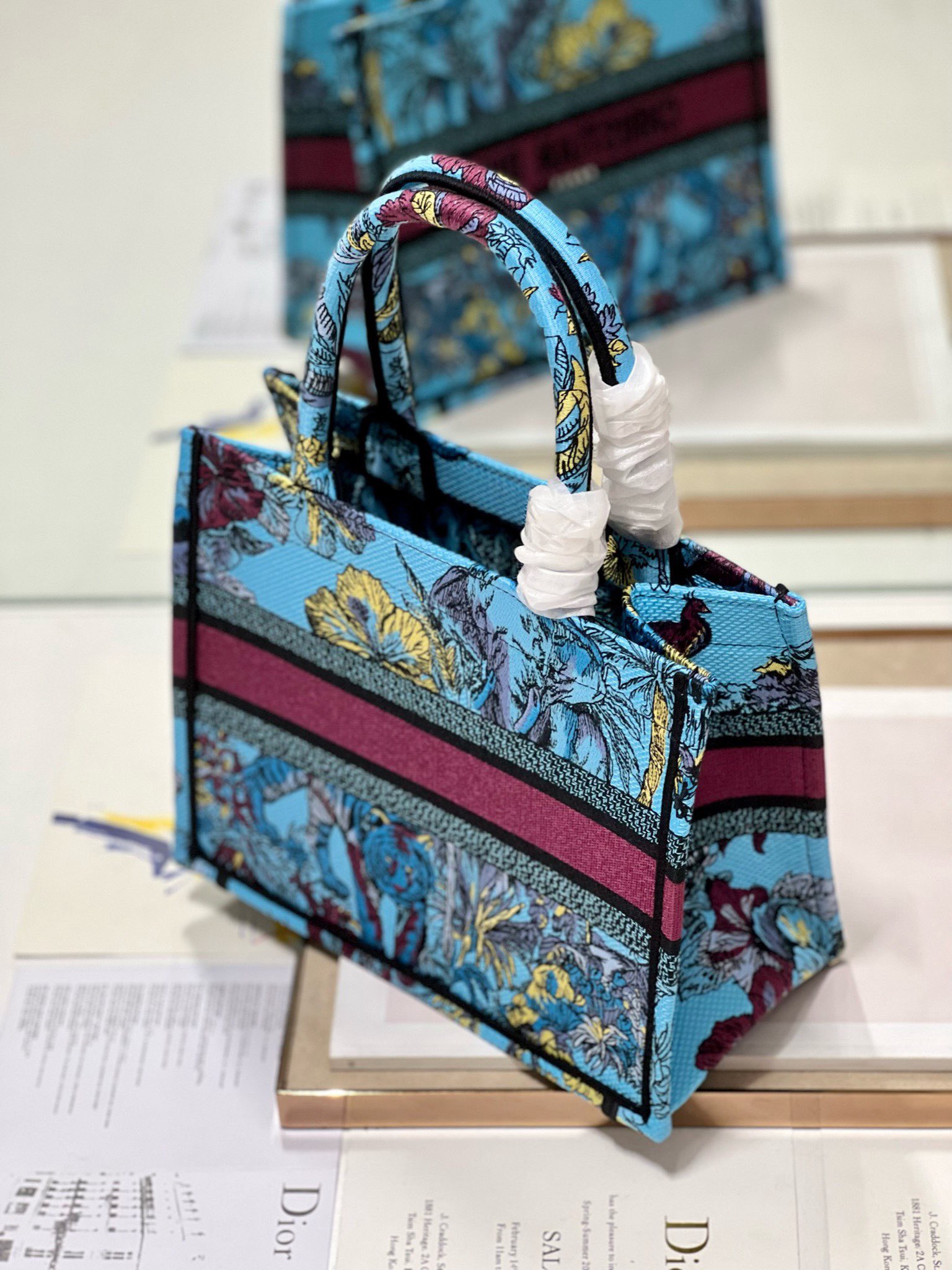 Bagsaaa D10r Small Book Tote Celestial Blue Multicolor Toile de Jouy Voyage Embroidery