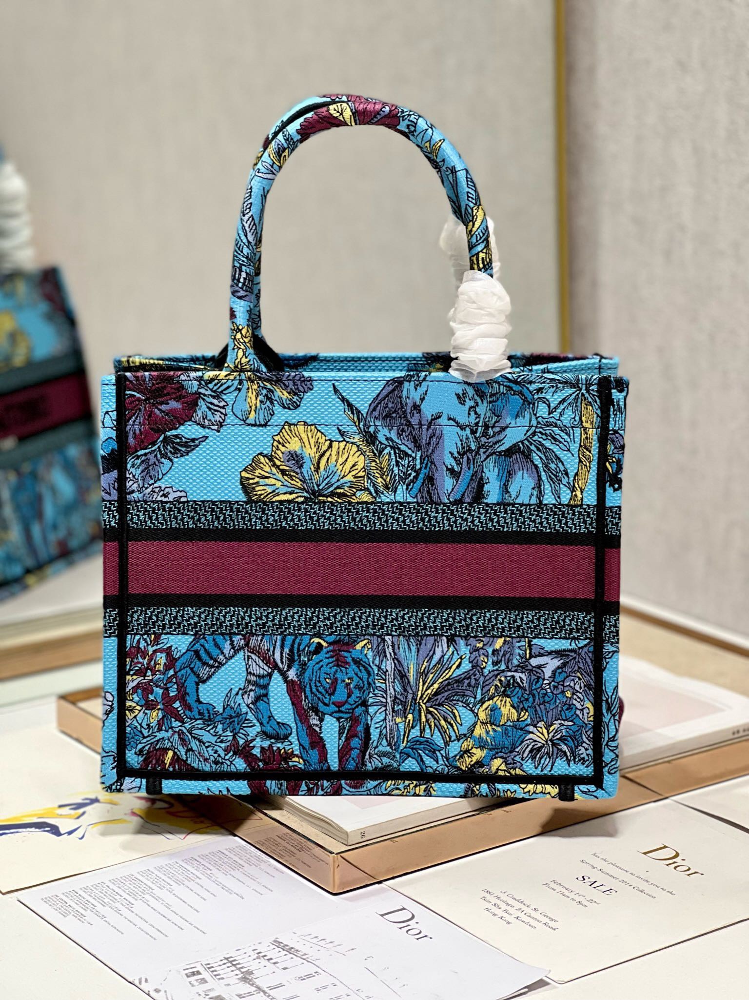 Bagsaaa D10r Small Book Tote Celestial Blue Multicolor Toile de Jouy Voyage Embroidery