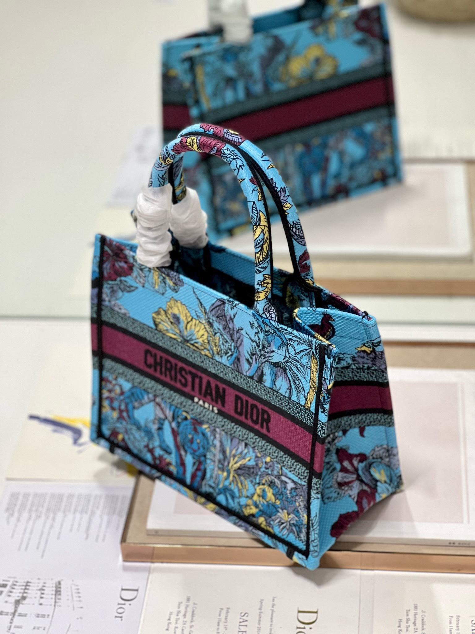 Bagsaaa D10r Small Book Tote Celestial Blue Multicolor Toile de Jouy Voyage Embroidery