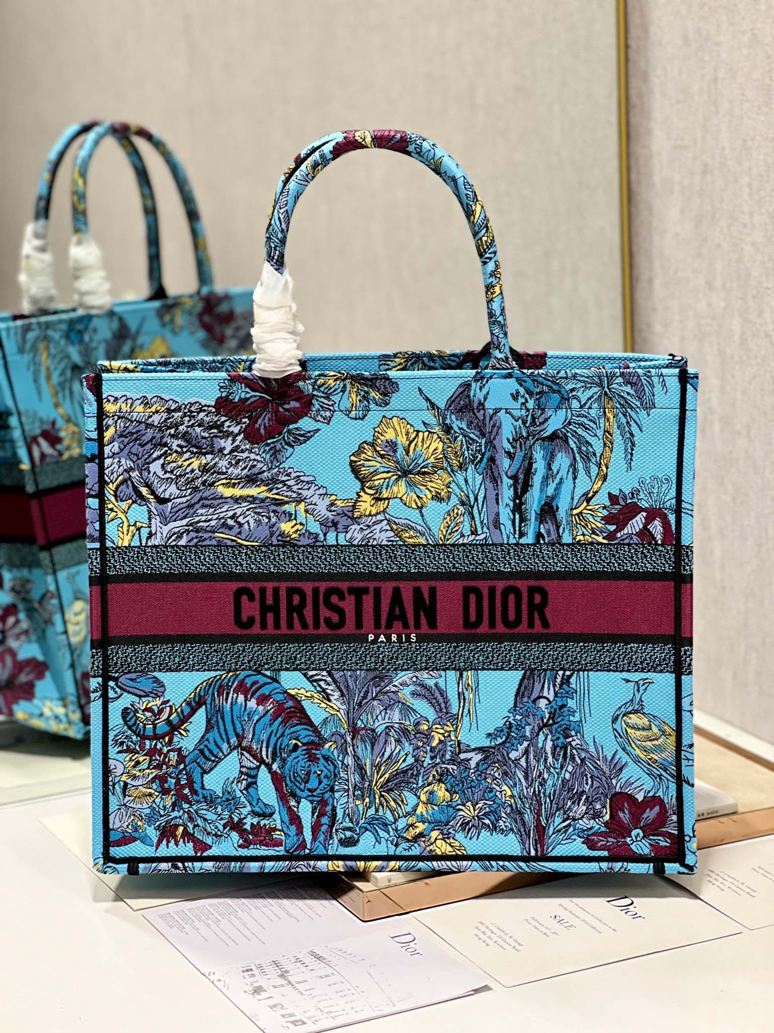 Bagsaaa D10r Large Book Tote Celestial Blue Multicolor Toile de Jouy Voyage Embroidery