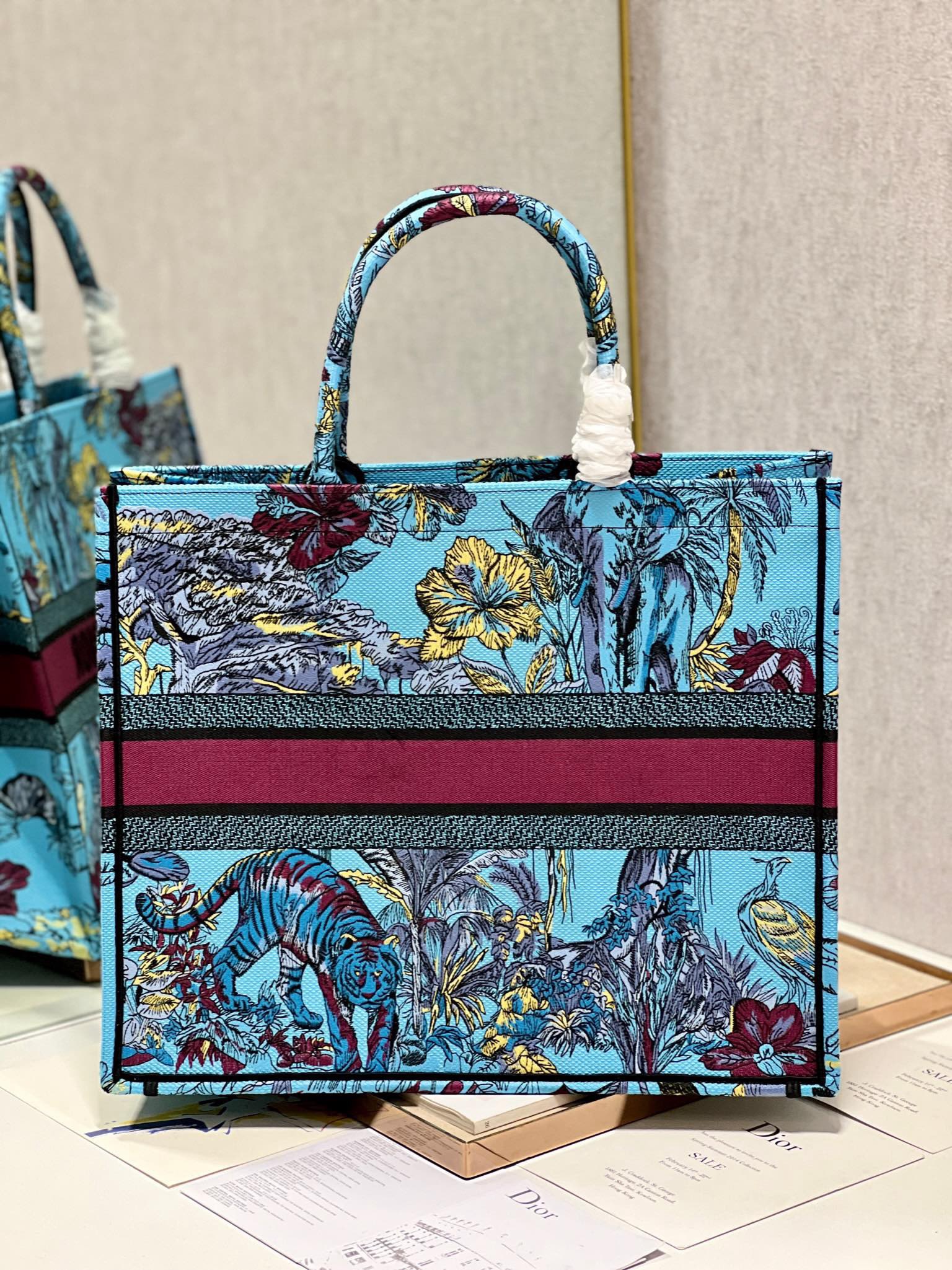 Bagsaaa D10r Large Book Tote Celestial Blue Multicolor Toile de Jouy Voyage Embroidery
