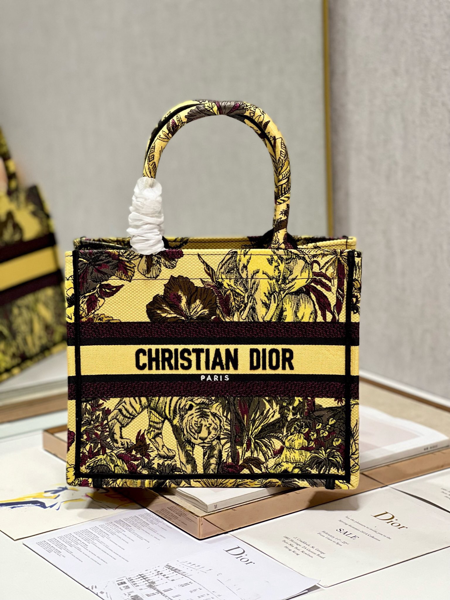 Bagsaaa D10r Small Book Tote Celestial Yellow Multicolor Toile de Jouy Voyage Embroidery