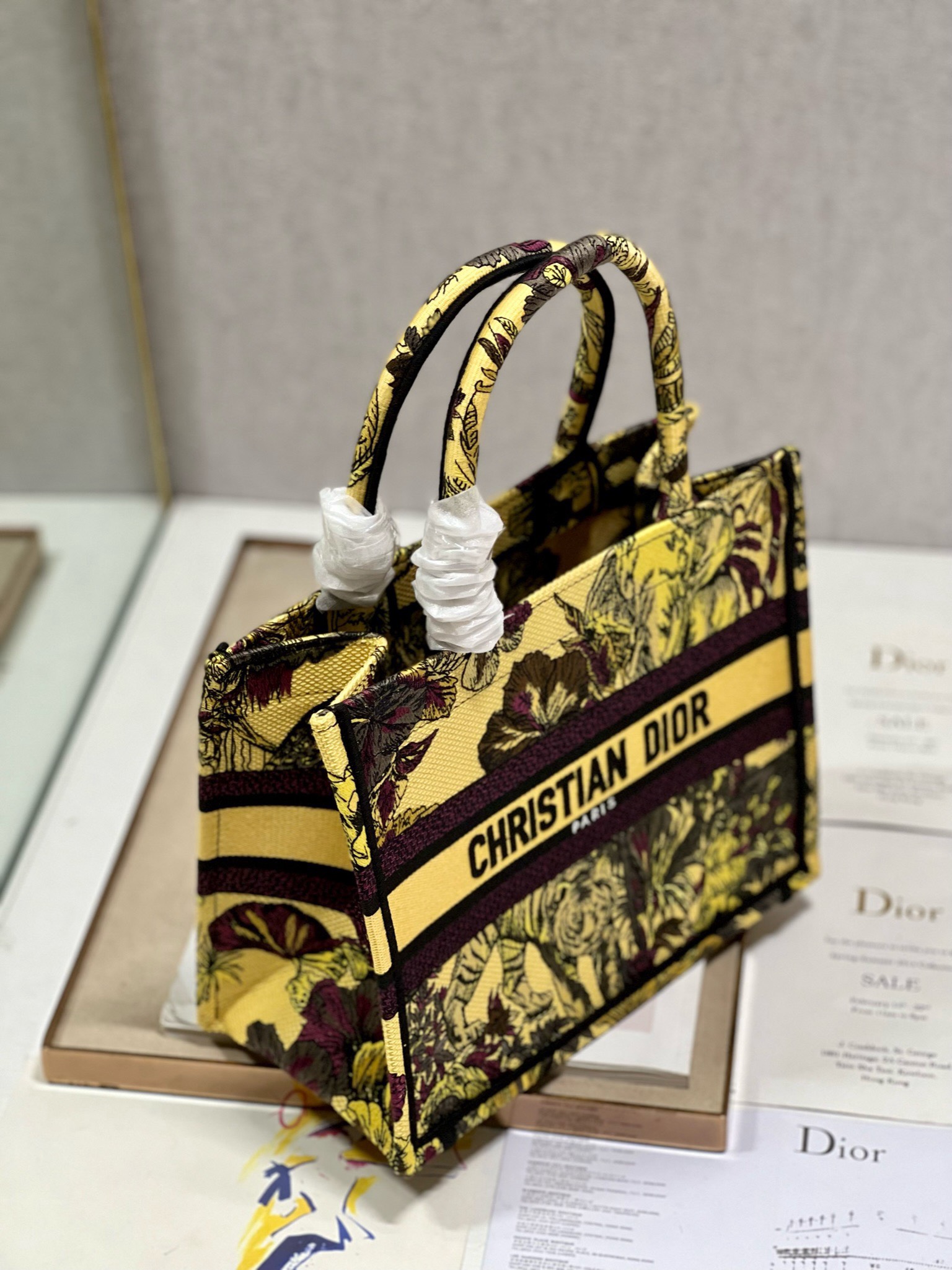 Bagsaaa D10r Small Book Tote Celestial Yellow Multicolor Toile de Jouy Voyage Embroidery
