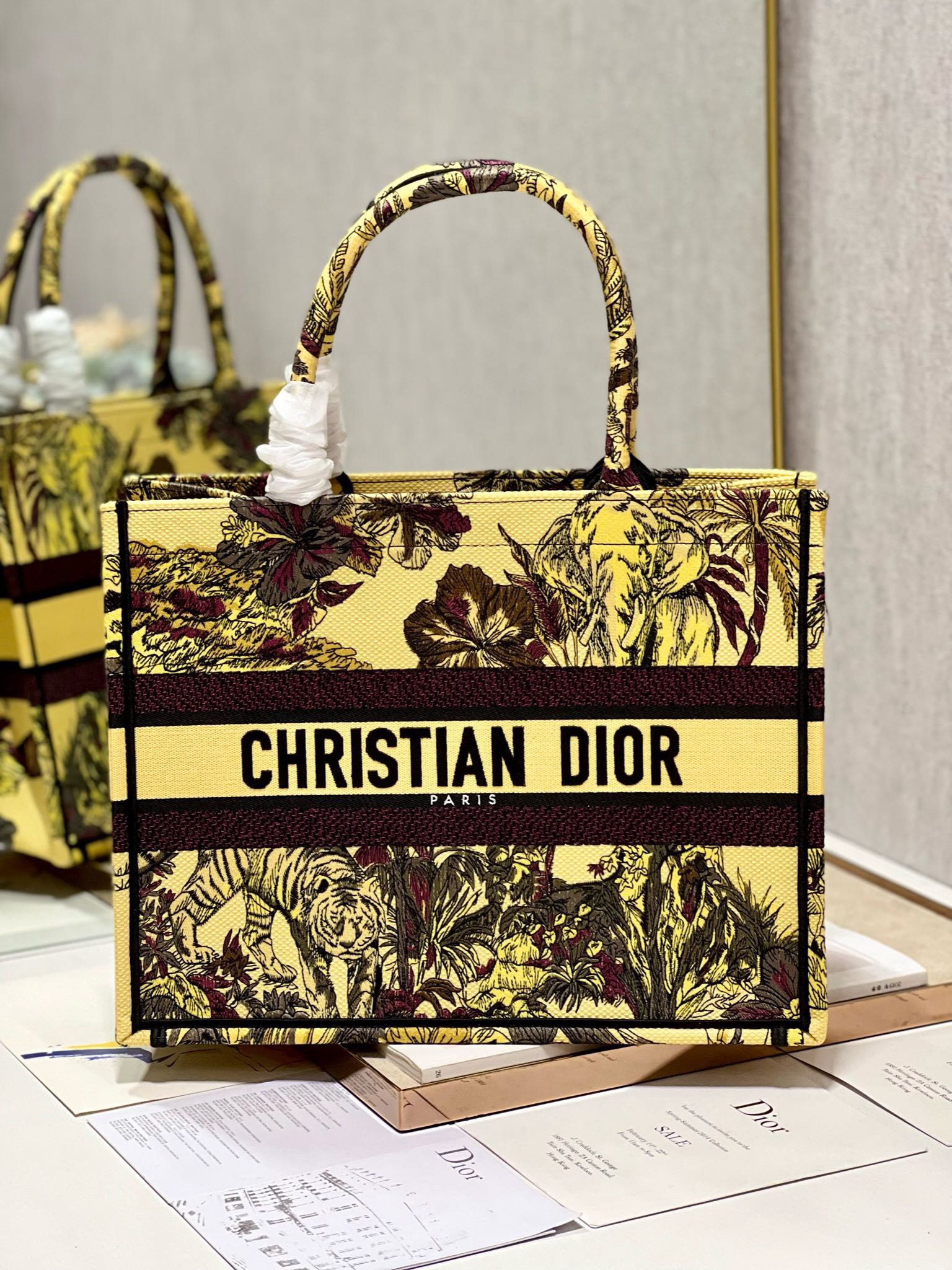 Bagsaaa D10r Medium Book Tote Celestial Yellow Multicolor Toile de Jouy Voyage Embroidery