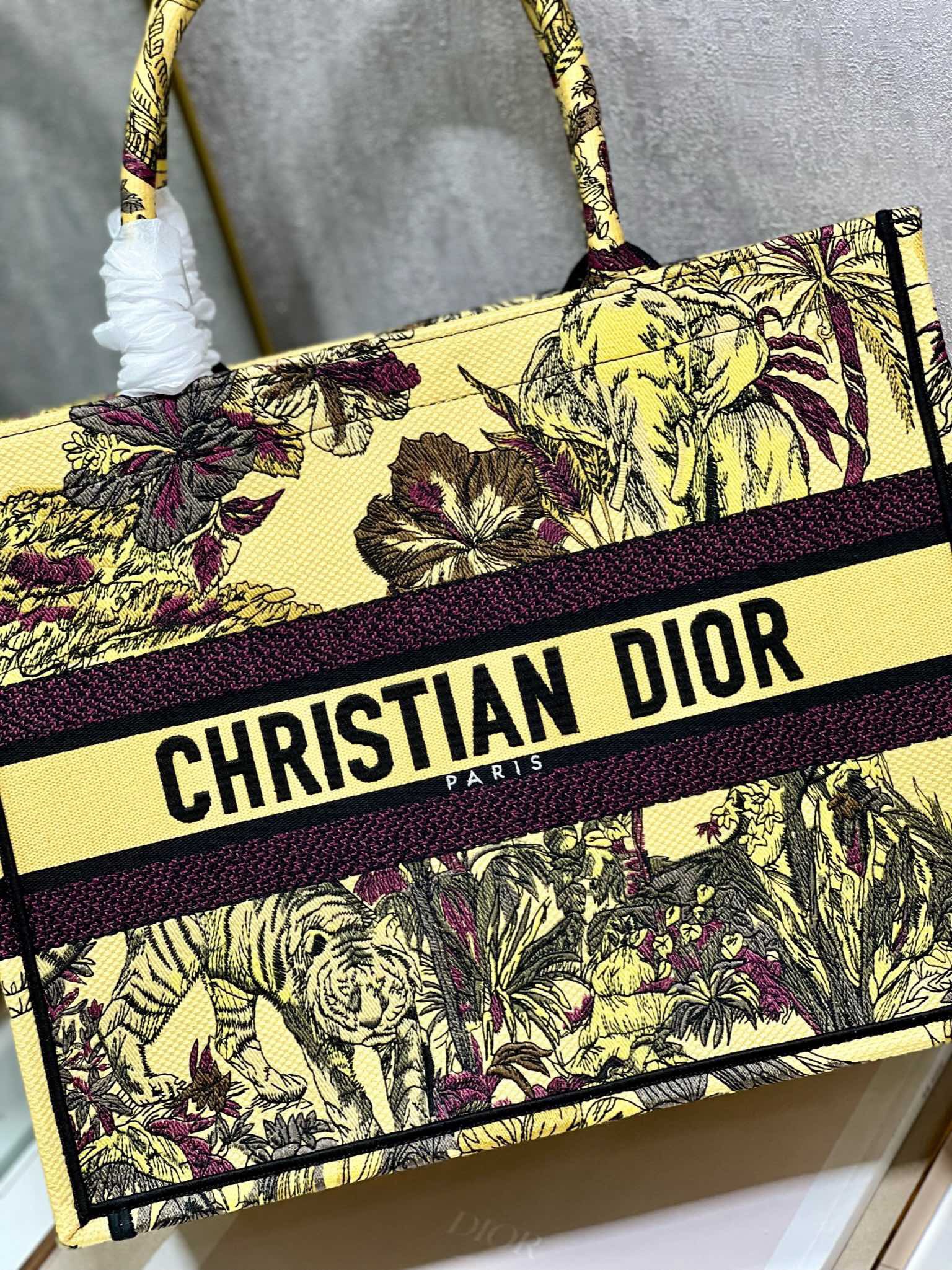 Bagsaaa D10r Medium Book Tote Celestial Yellow Multicolor Toile de Jouy Voyage Embroidery